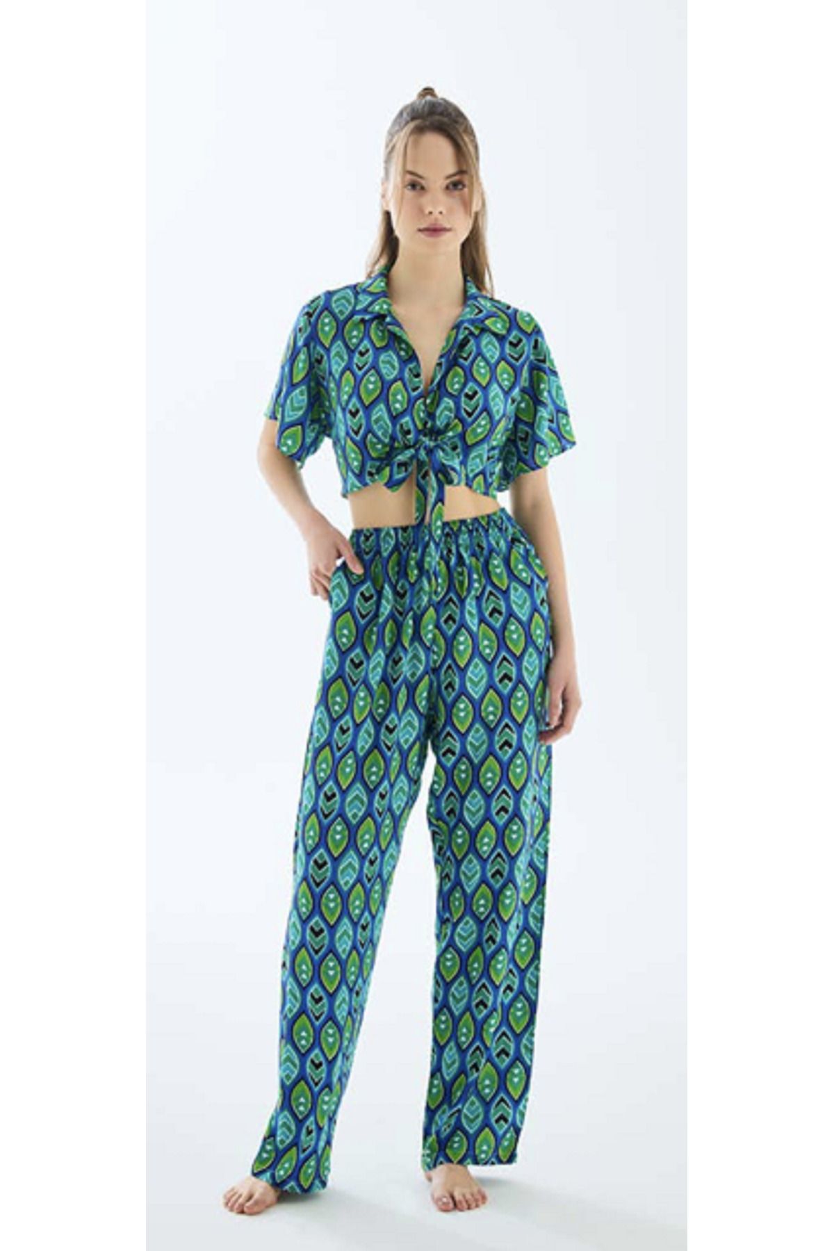 NightLove Anıl 11636 Desenli Viskon Yazlık Takım - Bağlamalı Gömlek & Bol Paça Pantolon - Mavi Yeşil