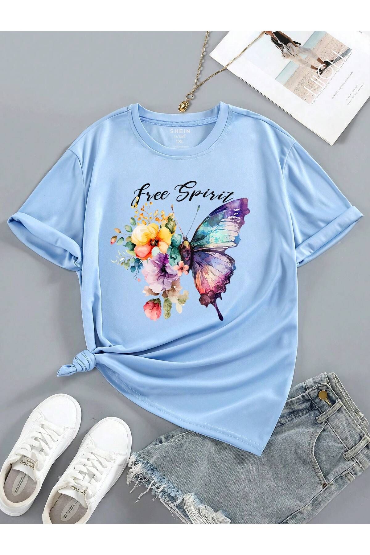 aynewmoda Büyük Beden Yaz Kelebek ve Çiçek Baskılı Tişört