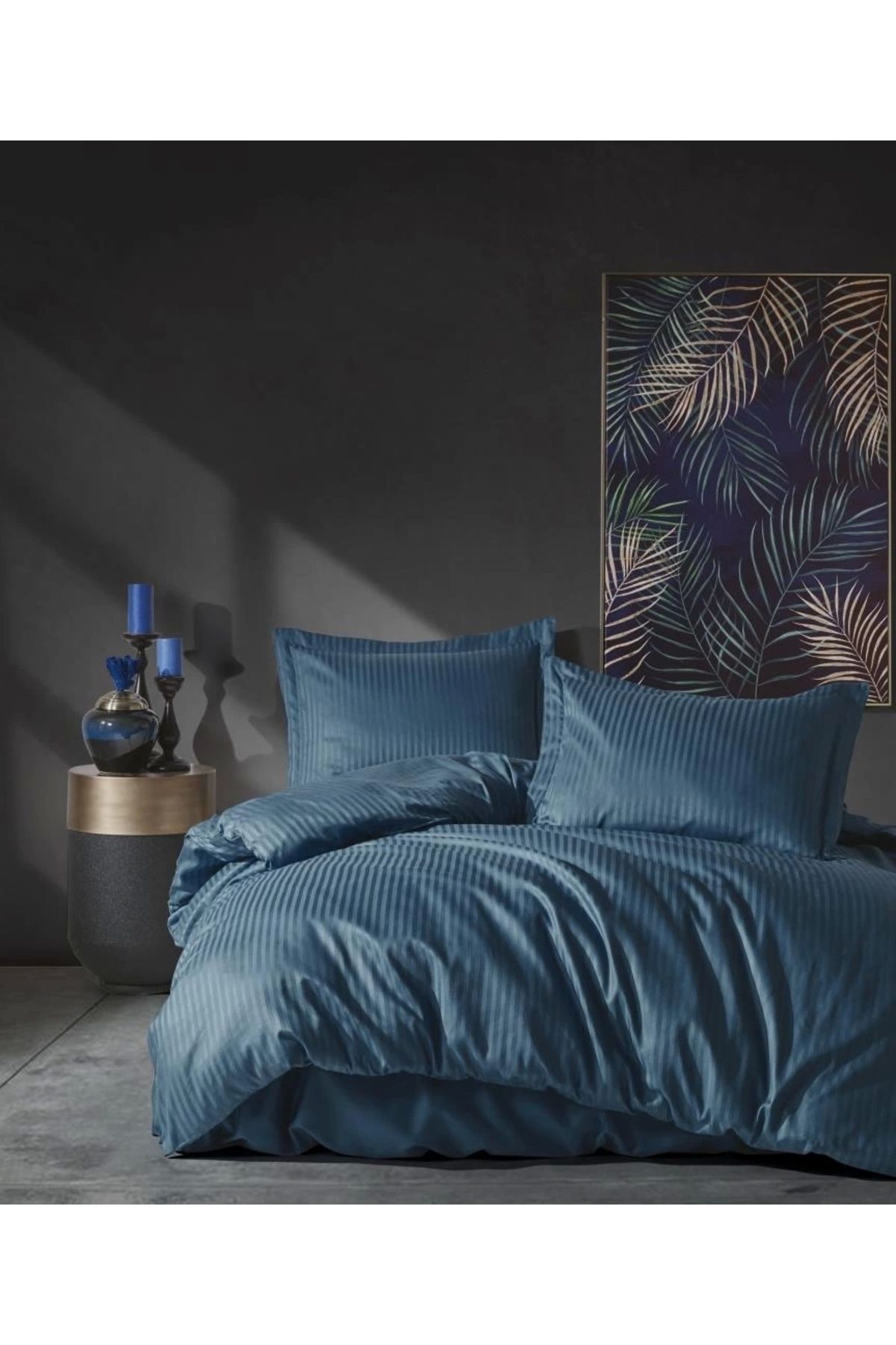 colezium Çift Kişilik Saten Nev Takımı Elegante Stripe Mavi