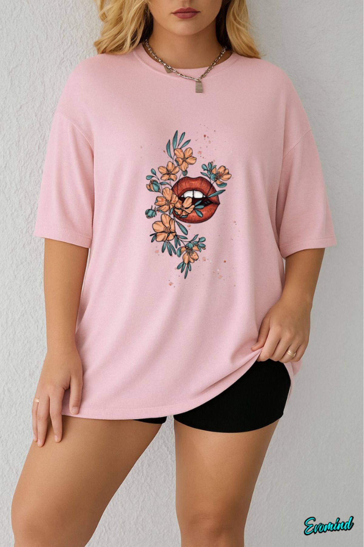 Evomind Büyük Beden Kedi Çiçek Baskılı T-shirt