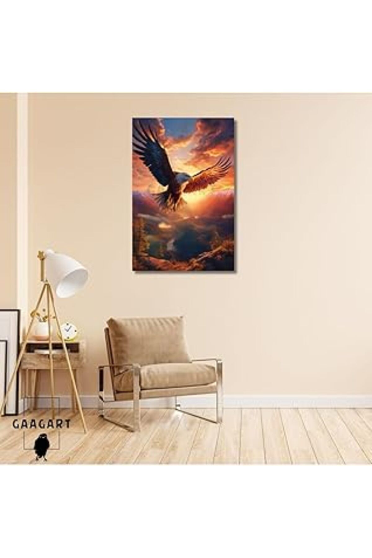 Mu Art Ahşap Gaagart Tekli Dikey Kanvas Duvar Tablosu Gün Batımı Ve Uçan Kartal, 70 X 100