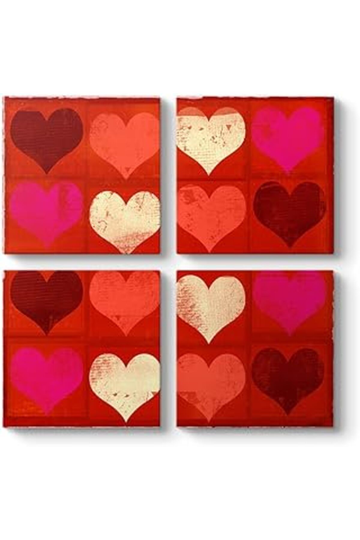 Mu Art Ahşap Tabloshop Kırmızı Kalpler Kolaj Tablo 83 X 83-4 Parçalı