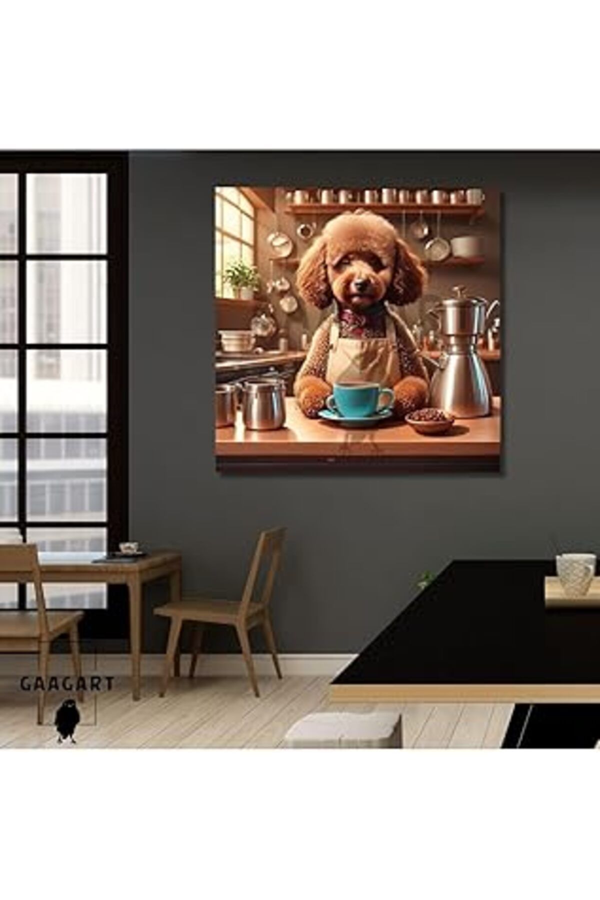 Pazarcan Gaagart Kare Kanvas Kahve Köşesi Cafe Tablosu Barista Kahverengi Poodle, 40 X 40