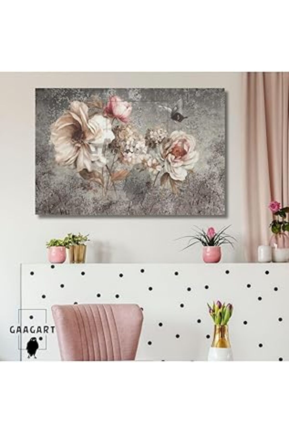 Pazarcan Gaagart Tekli Yatay Kanvas Duvar Tablosu Soft Krem Rengi Çiçekler, 40 X 30