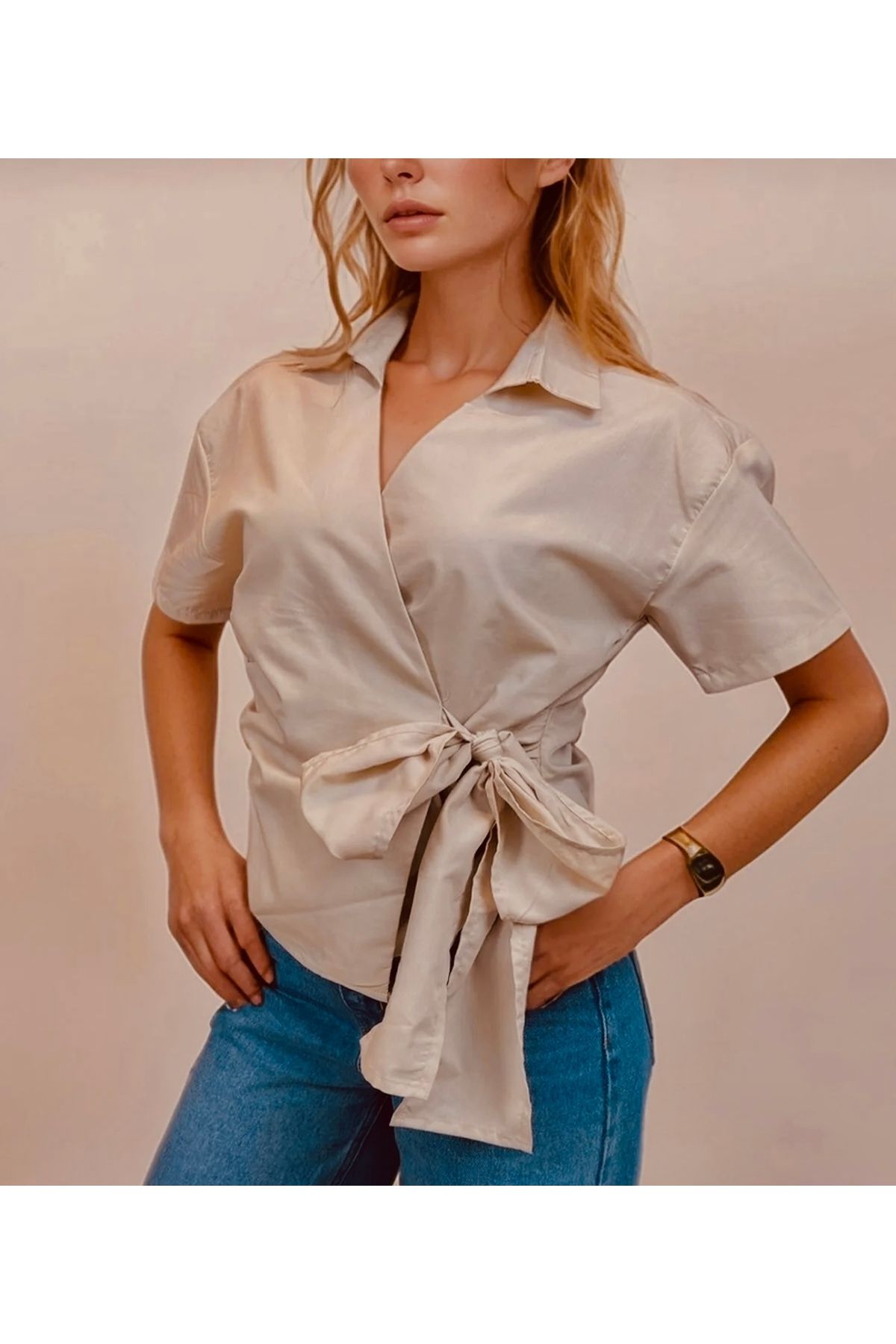Butik Kruvaze kapama detaylı önü bağlamalı poplin gömlek