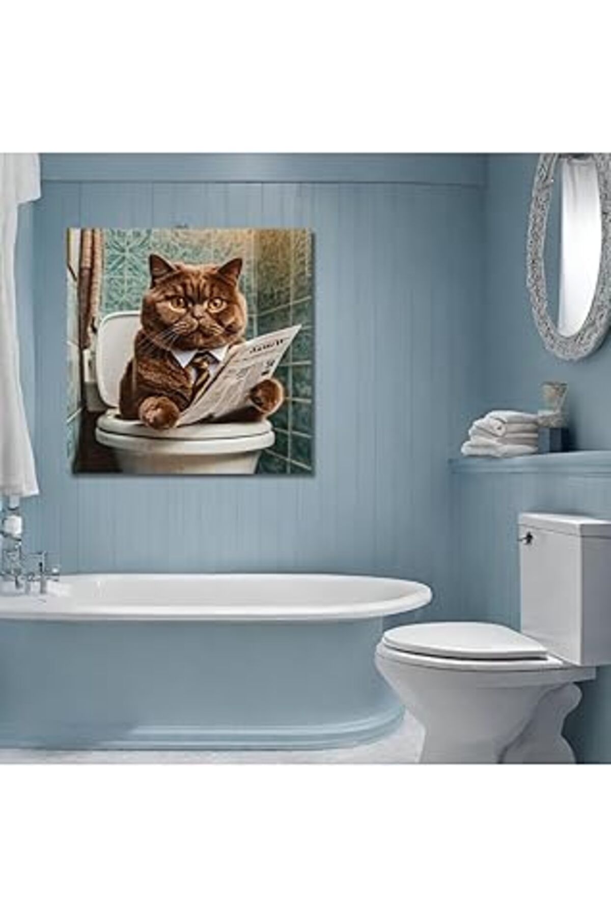 Mu Art Ahşap Gaagart Tekli Kare Kanvas Banyo Tablosu Gazete Okuyan Kravatlı British Kedi 40 X 40 Gartnm8408