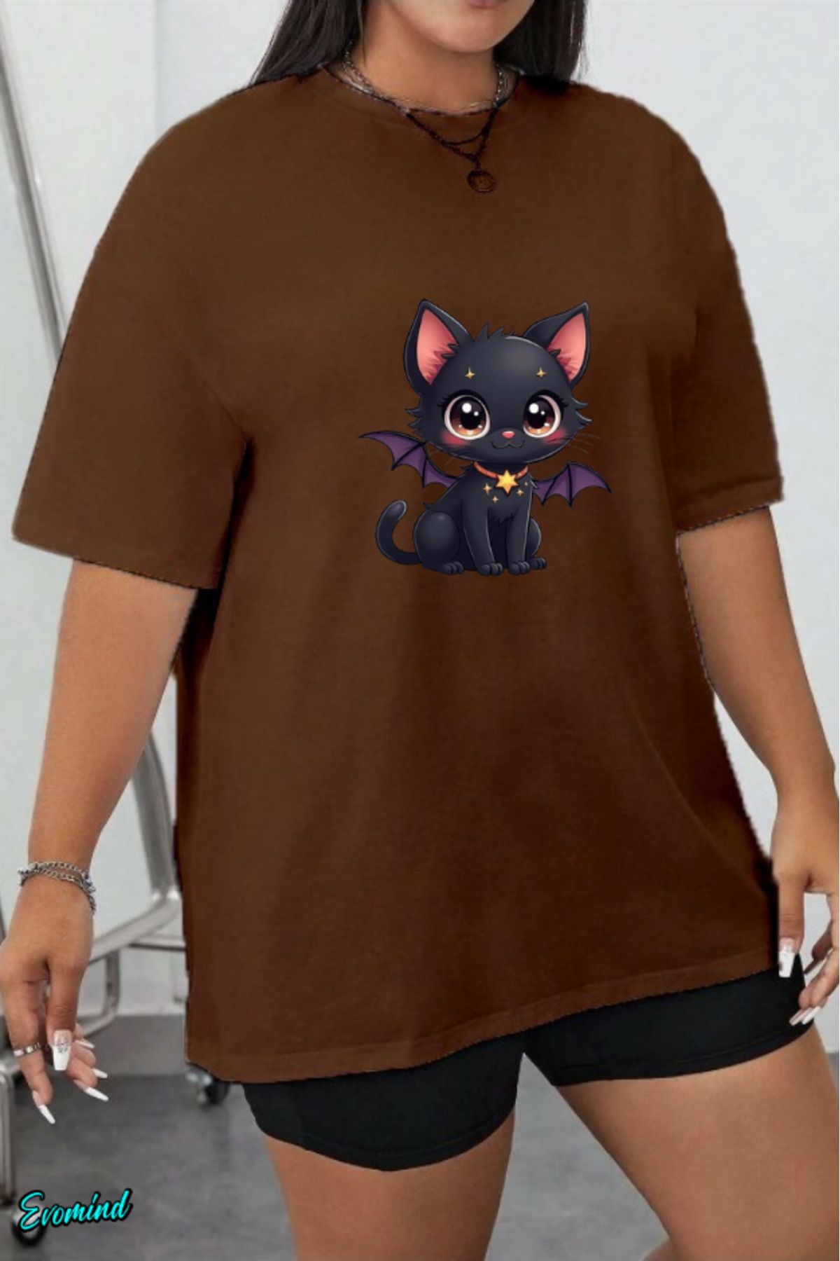 Evomind Büyük Beden Kedi Baskılı T-shirt