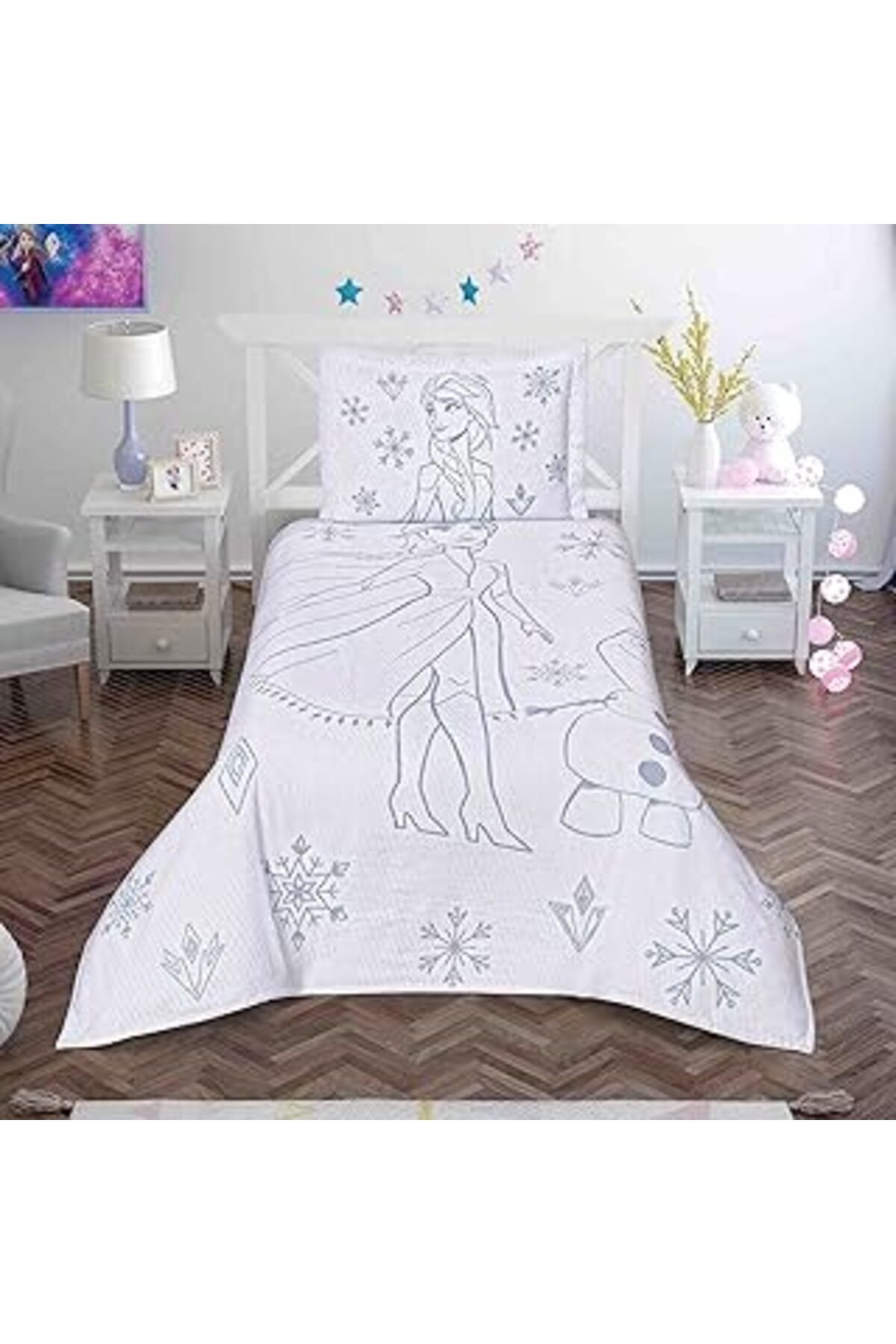 Qedii Taç Disney Frozen Snow Flower Lisanslı Karakter Baskılı%100 Pamuk Yatak Örtüsü Seti, Çok Renkli, Te