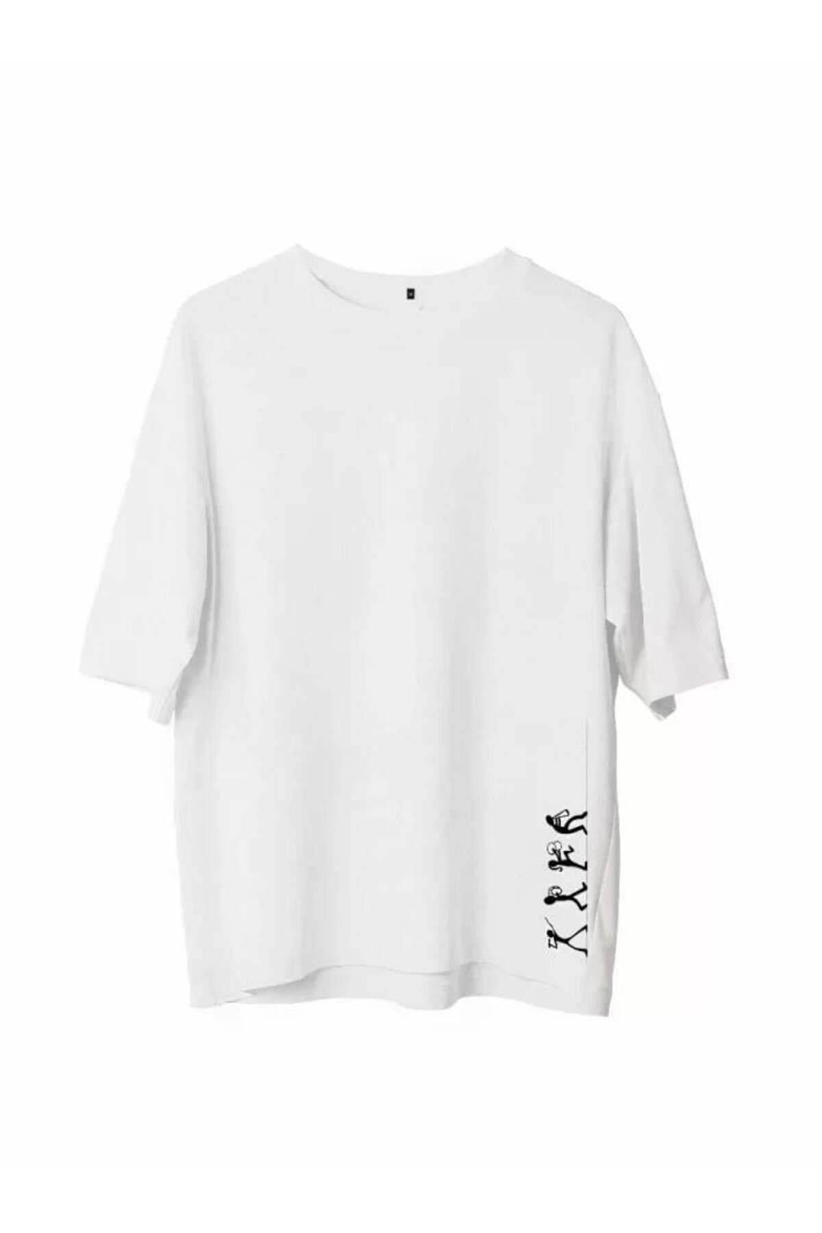modamtn Unisex Bisiklet Yaka Baskılı Oversize T-Shirt - Beyaz