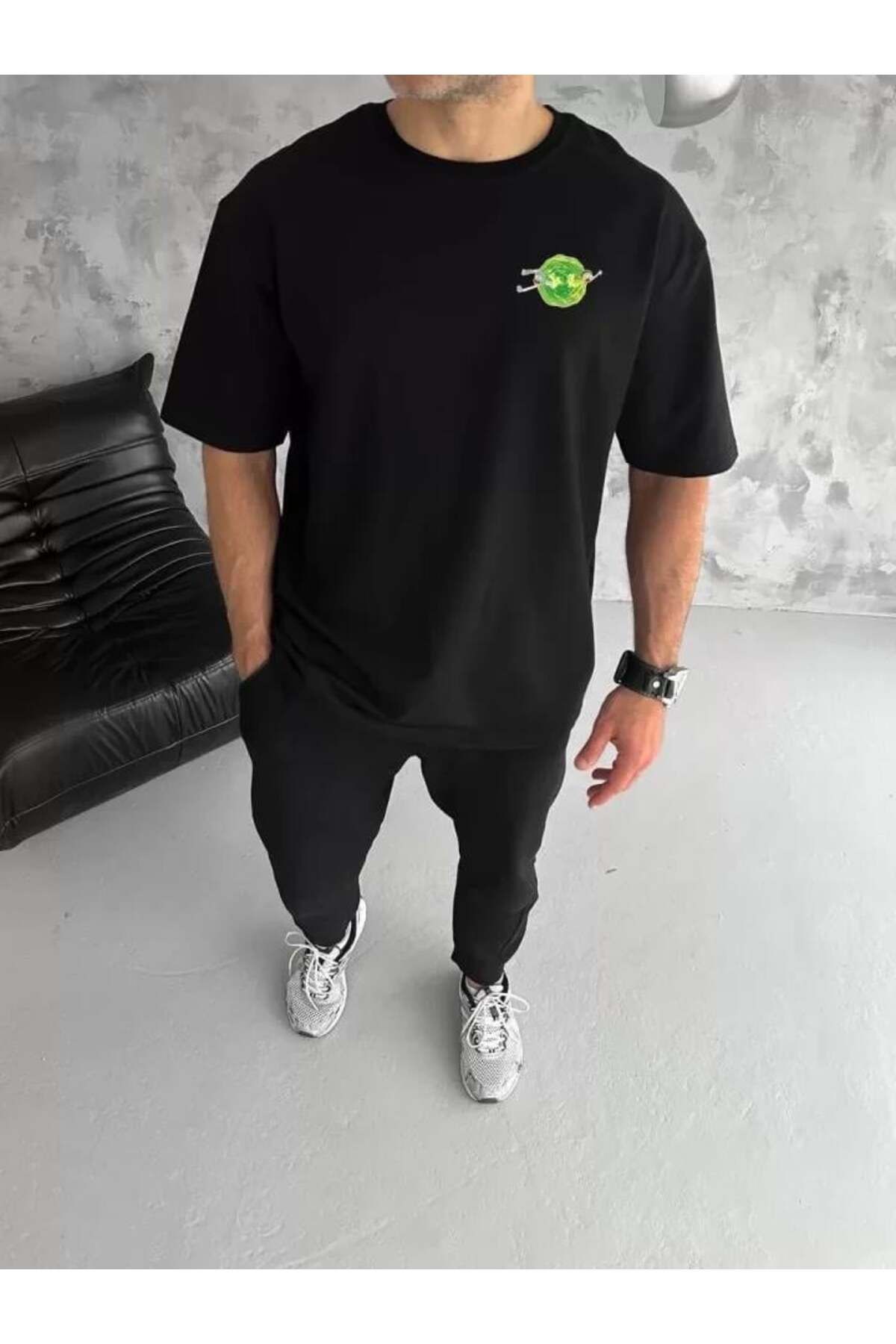 modamtn Unisex Bisiklet Yaka Baskılı Oversize T-Shirt - Siyah