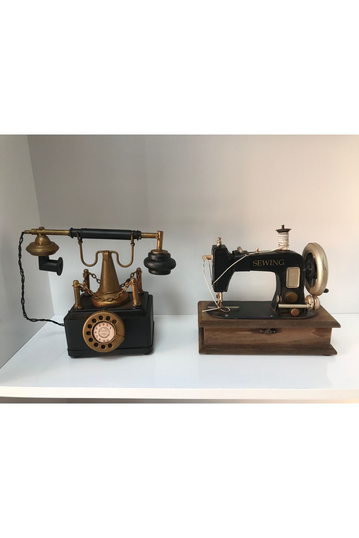 NOSTALJİM DEKORATİF METAL TELEFON SABİT AHİZELİ KUMBARALI, DEKORATİF METAL&TAHTA DİKİŞ MAKİNESİ