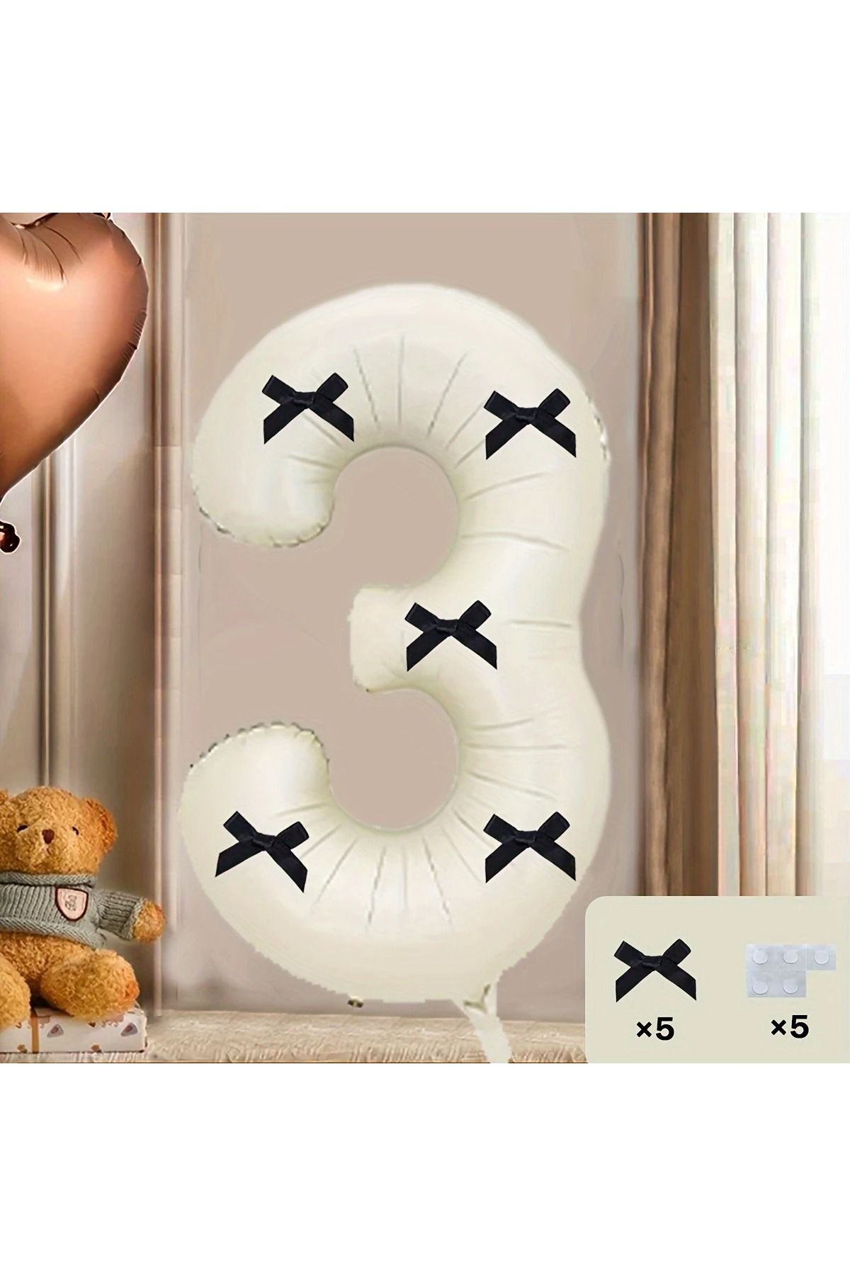 PartyPoo Siyah Fiyonklu Bej Rakam Folyo Balon 80cm 3 Rakam Balon - Fiyonklu Balon, Kurdeleli Balon
