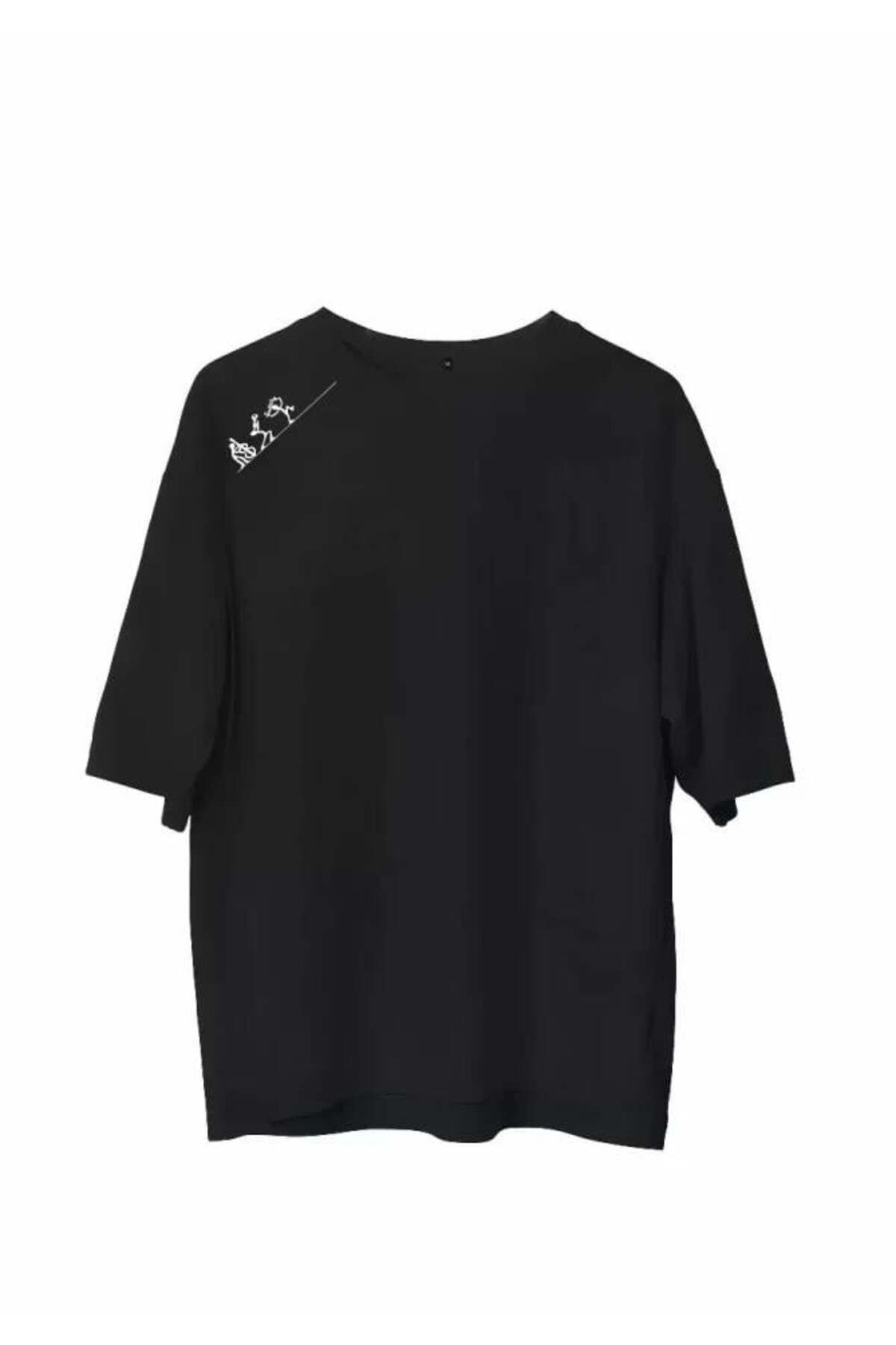 modamtn Unisex Bisiklet Yaka Baskılı Oversize T-Shirt - Siyah