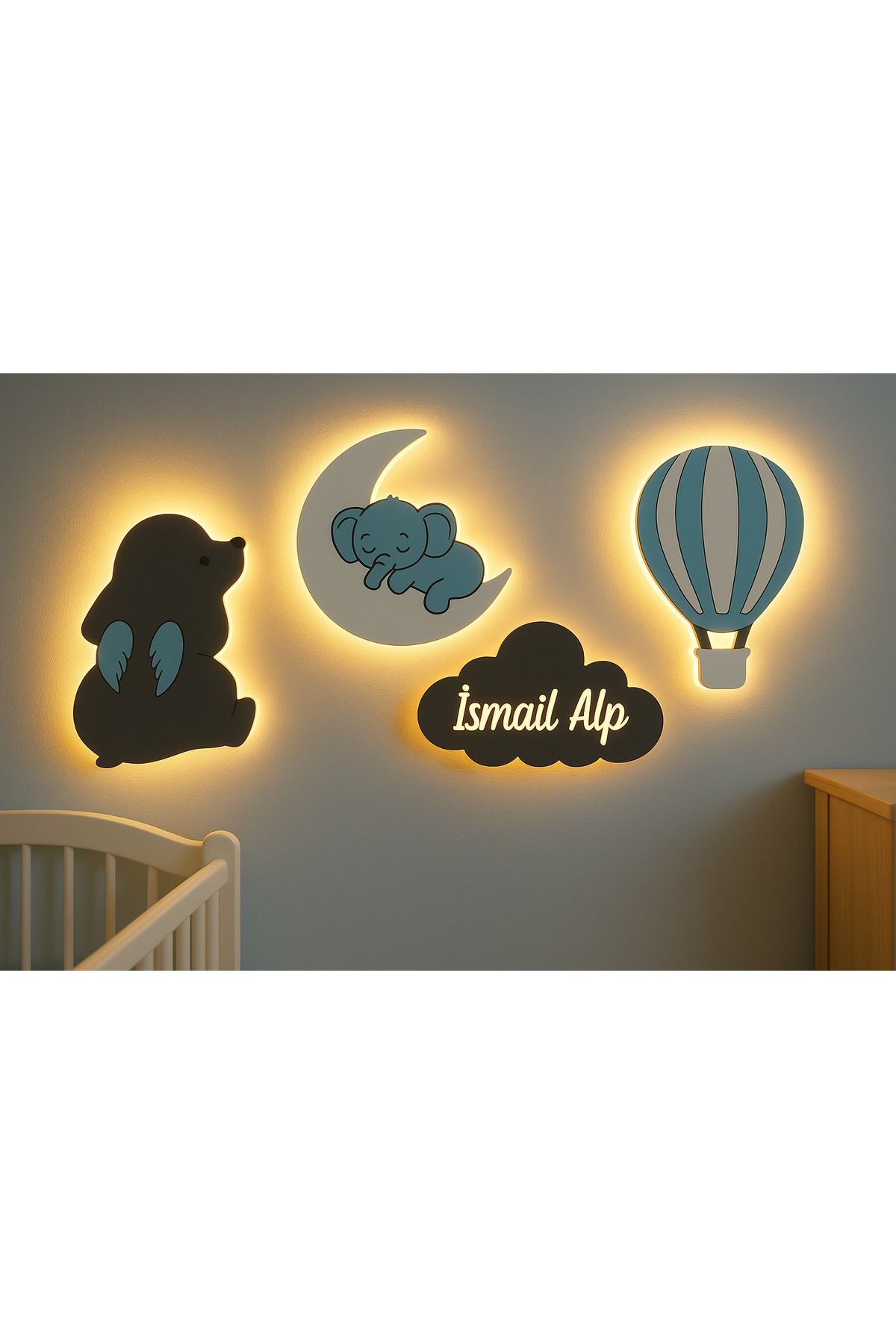 Wood14dizayn LED Aydınlatmalı Ahşap Duvar Dekoru Gece Lambalı 4’lü Set – Fil, Balon, Bulut ve Ay
