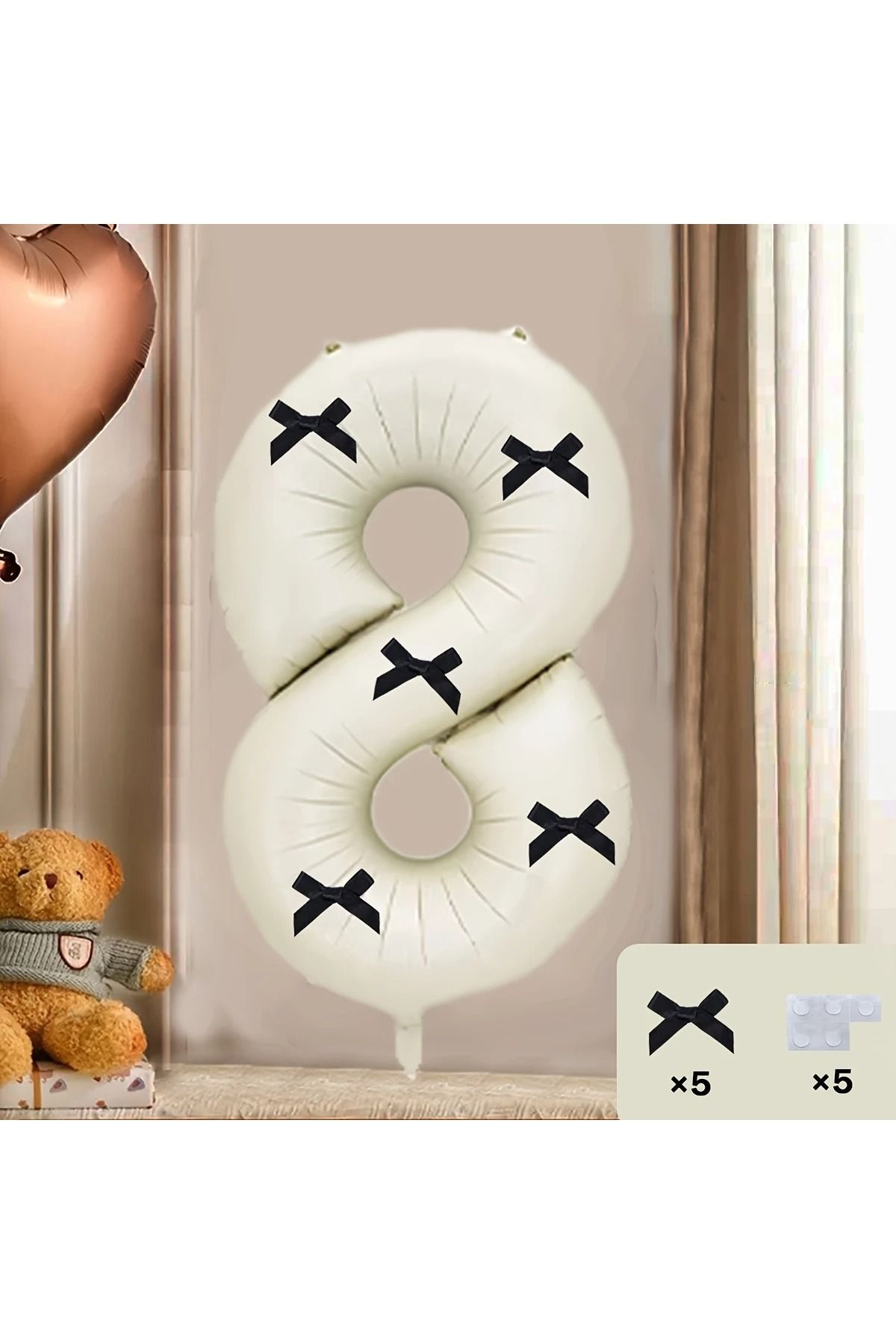 PartyPoo Siyah Fiyonklu Bej Rakam Folyo Balon 80cm 8 Rakam Balon - Fiyonklu Balon, Kurdeleli Balon