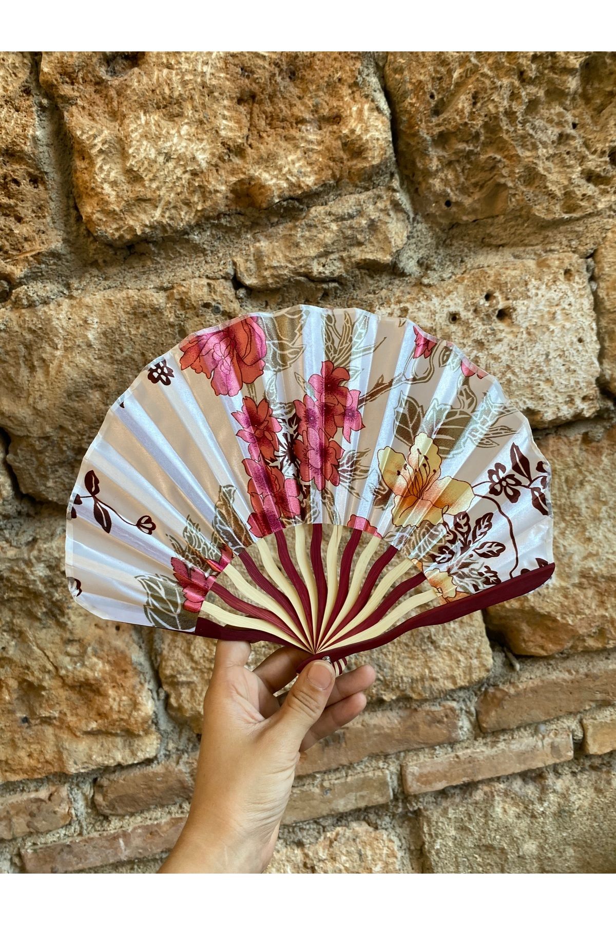 BONANZA Naif Çiçek Desenli El Yapımı Yelpaze – Ahşap Saplı