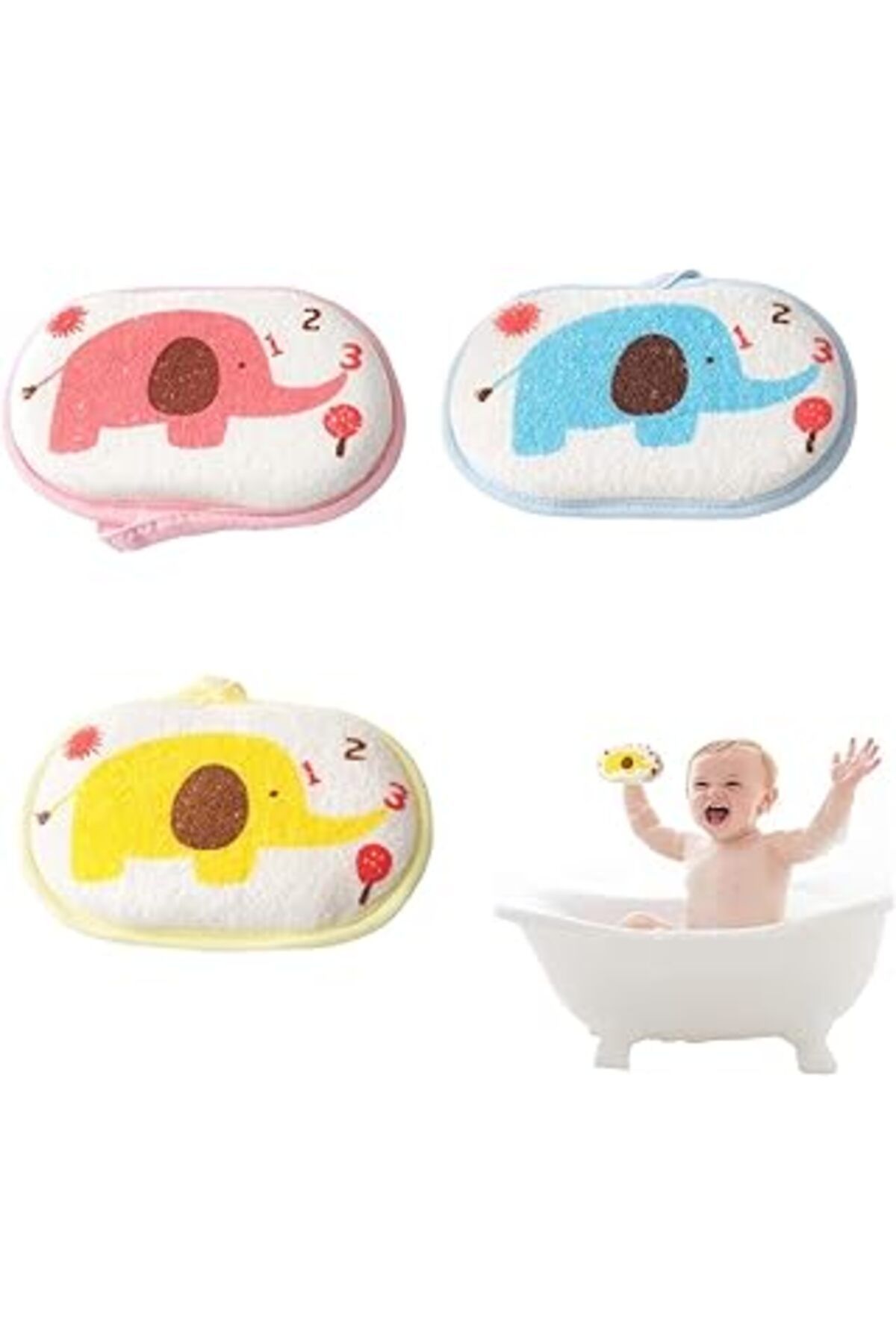 Qedii Joyzzz Bebek Banyo Sünger Seti, 3 Adet Bebek Banyo Süngeri, Saf Pamuk Ile Yumuşak Bebek Duş Süngeri