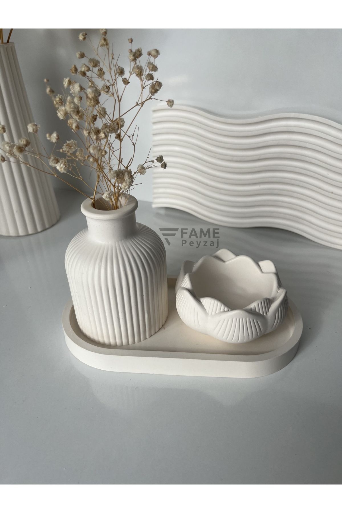FAME PEYZAJ 3lü Dekoratif Set, Vazo, Lotus kase ve Oval Tabak Seti, Biblo, Pinterest (ÇİÇEKLER DAHİL DEĞİLDİR)