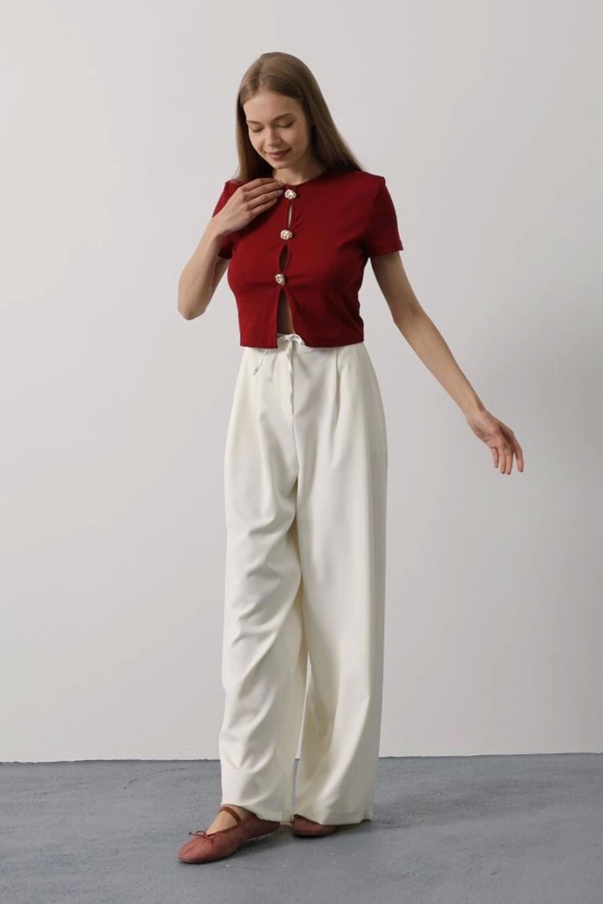 Omarı Pileli Bağcıklı Oversize Pantolon - Ekru