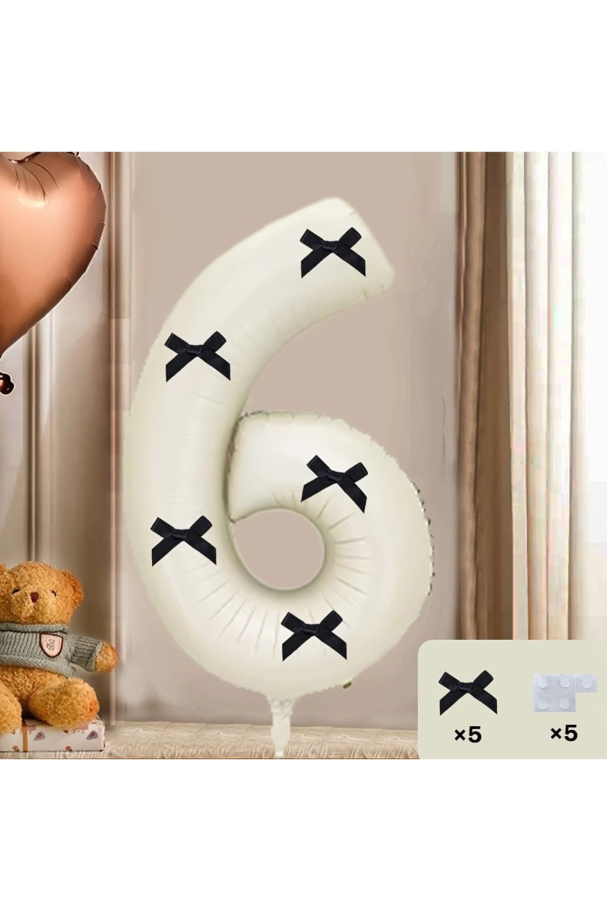 PartyPoo Siyah Fiyonklu Bej Rakam Folyo Balon 80cm 6 Rakam Balon - Fiyonklu Balon, Kurdeleli Balon