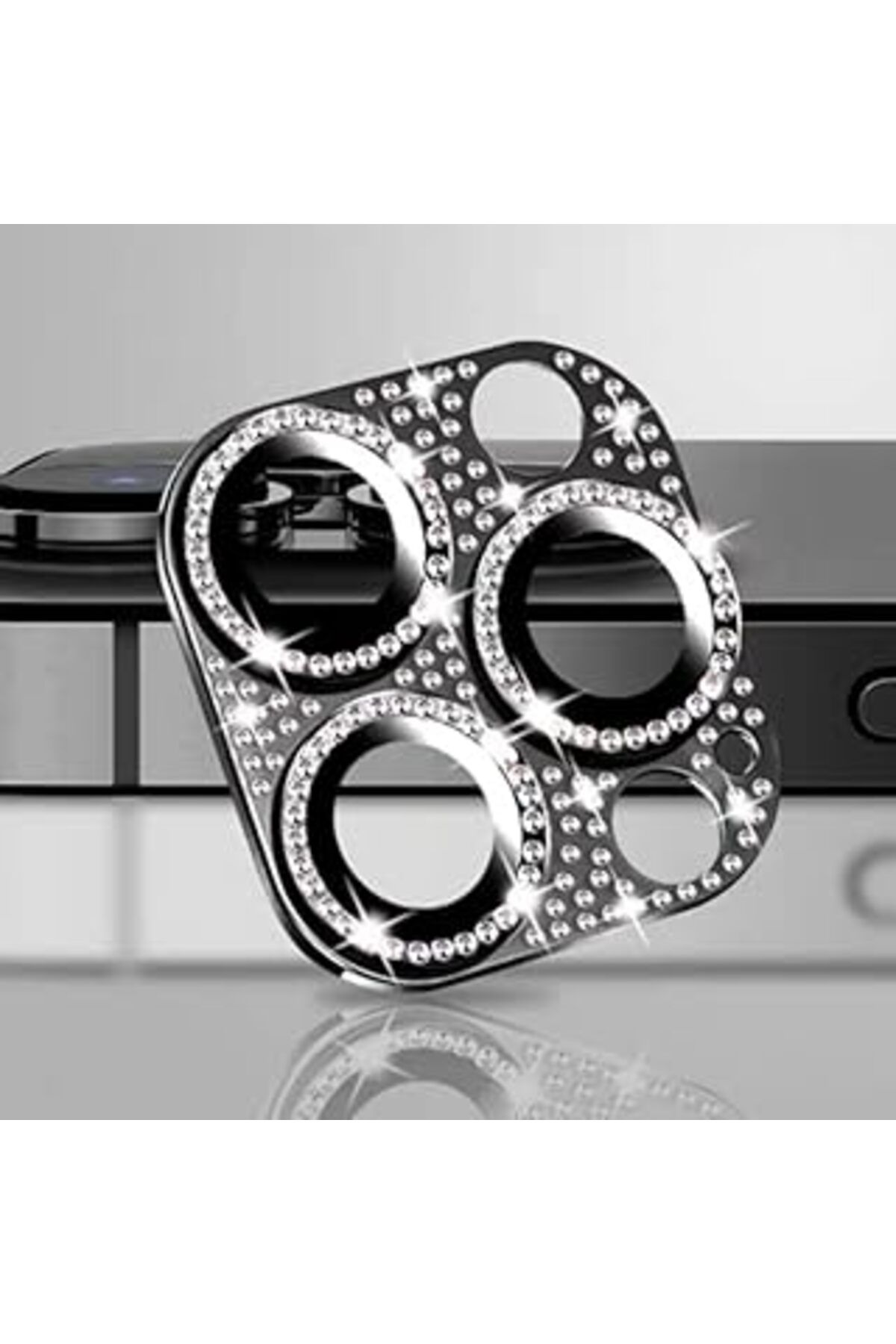NETWORK ART Bause Iphone 12 Pro Uyumlu 9H Metal Elmas Desenli Taşlı Tek Parça Kamera Lens Koruyucu (Siyah)