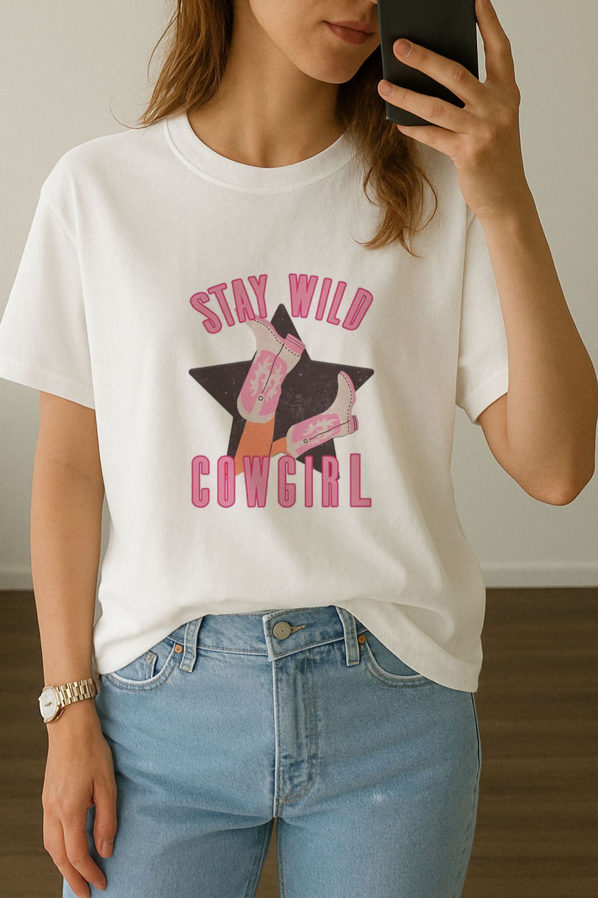 sielta Kadın Kovboy Kız Çizmesi Baskılı Bisiklet Yaka Oversize Beyaz Tişört T-shirt