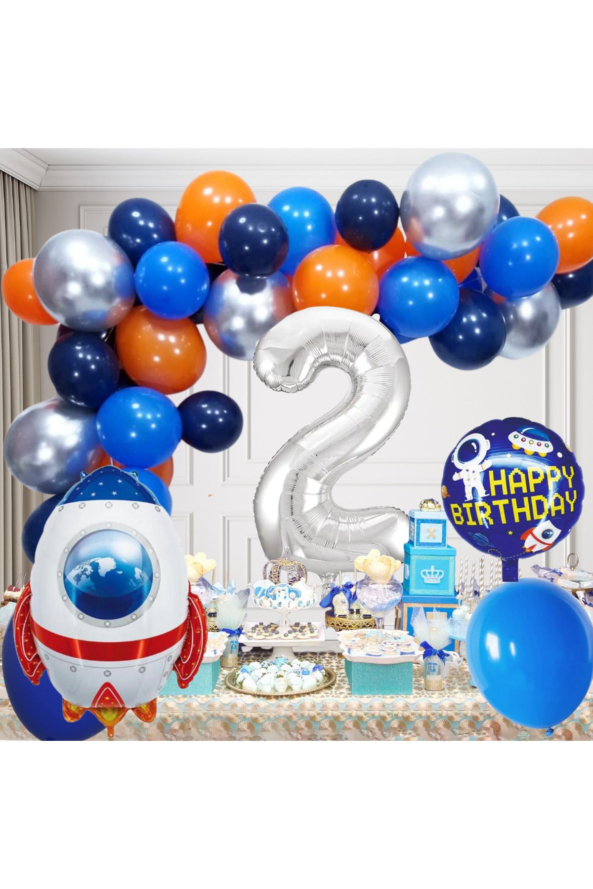 tedaks 2 Yaş Uzay Temalı Doğum Günü Seti Uzay Mekiği Happy Birthday Yazı Renkli Balonlar Gümüş Folyo Rakam