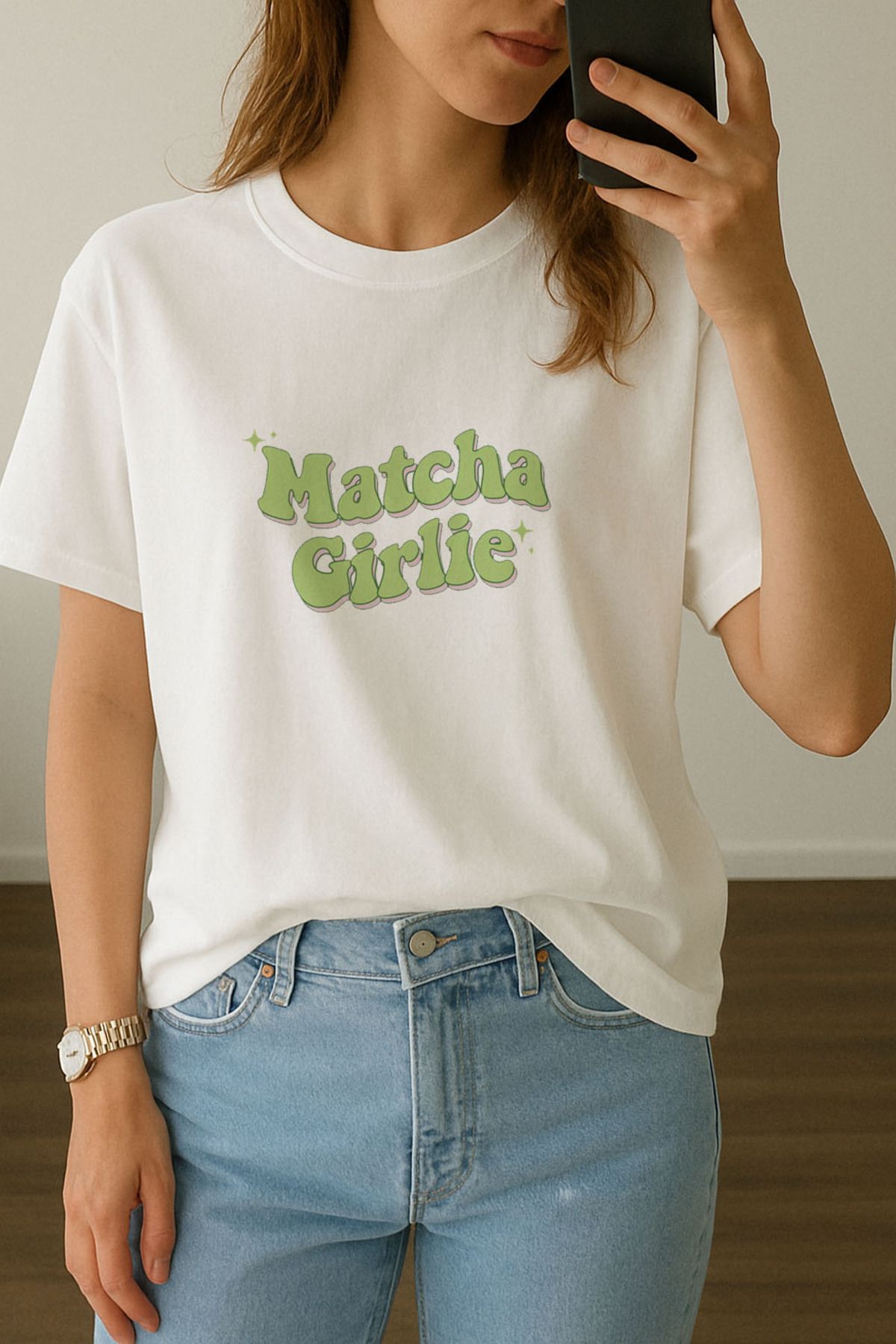 sielta Kadın Matcha Maça Çayı Baskılı Bisiklet Yaka Oversize Beyaz Tişört T-shirt