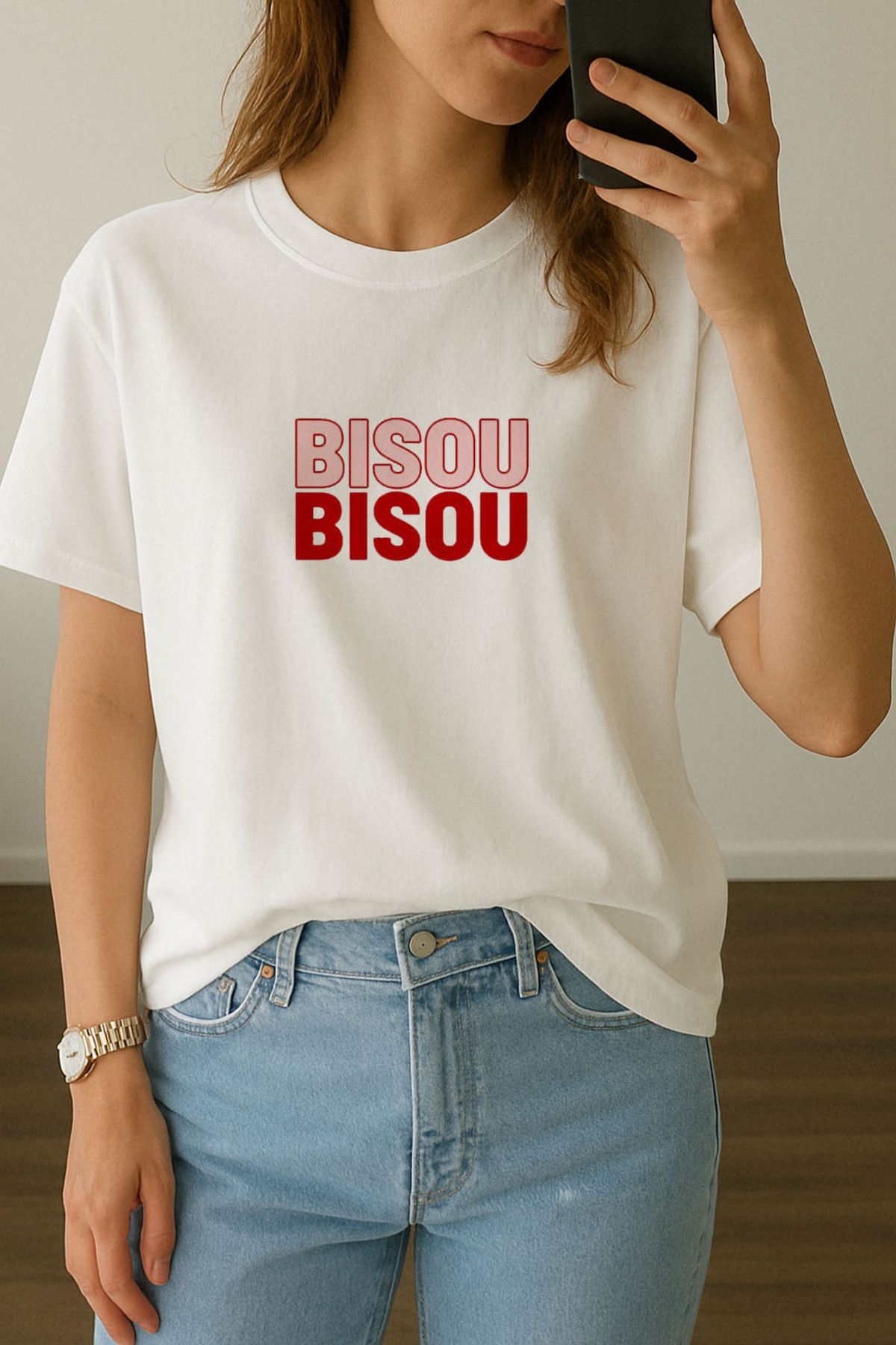 sielta Kadın Dudak Bısou Öpücük Baskılı Bisiklet Yaka Oversize Beyaz Tişört T-shirt