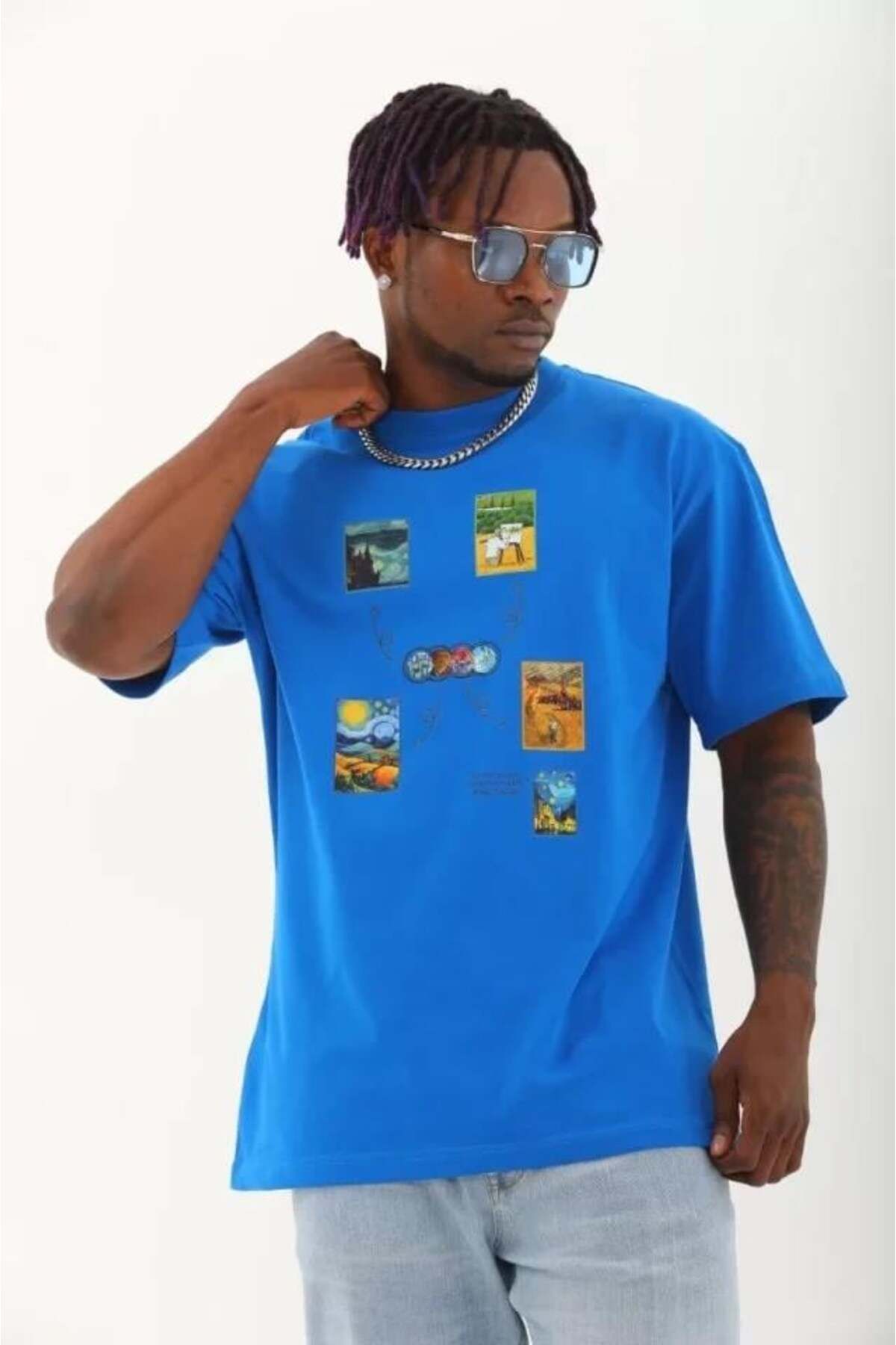 modamtn Unisex Oversize Baskılı Bisiklet Yaka T-Shirt - Mavi