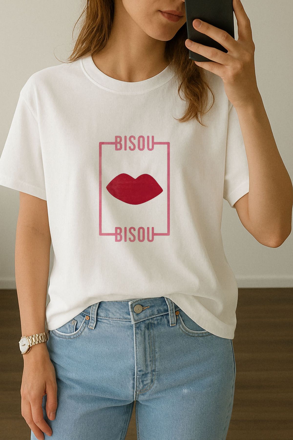 sielta Kadın Dudak Bısou Baskılı Bisiklet Yaka Oversize Beyaz Tişört T-shirt