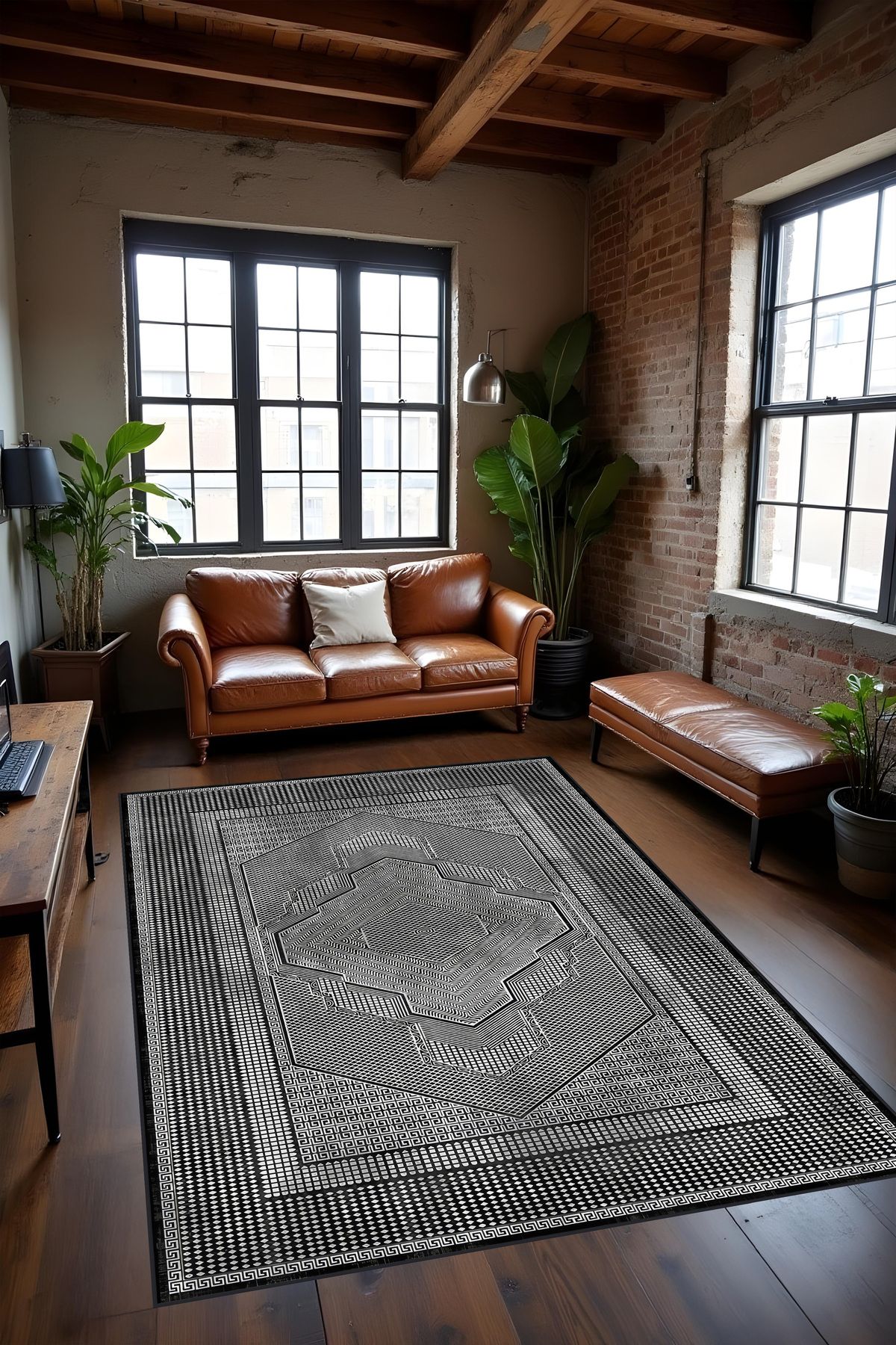 Liriya Dijital Baskılı Siyah Klasik Desenli Dekoratif Makinada Yıkanabilir Salon Halısı Yolluk Halısı
