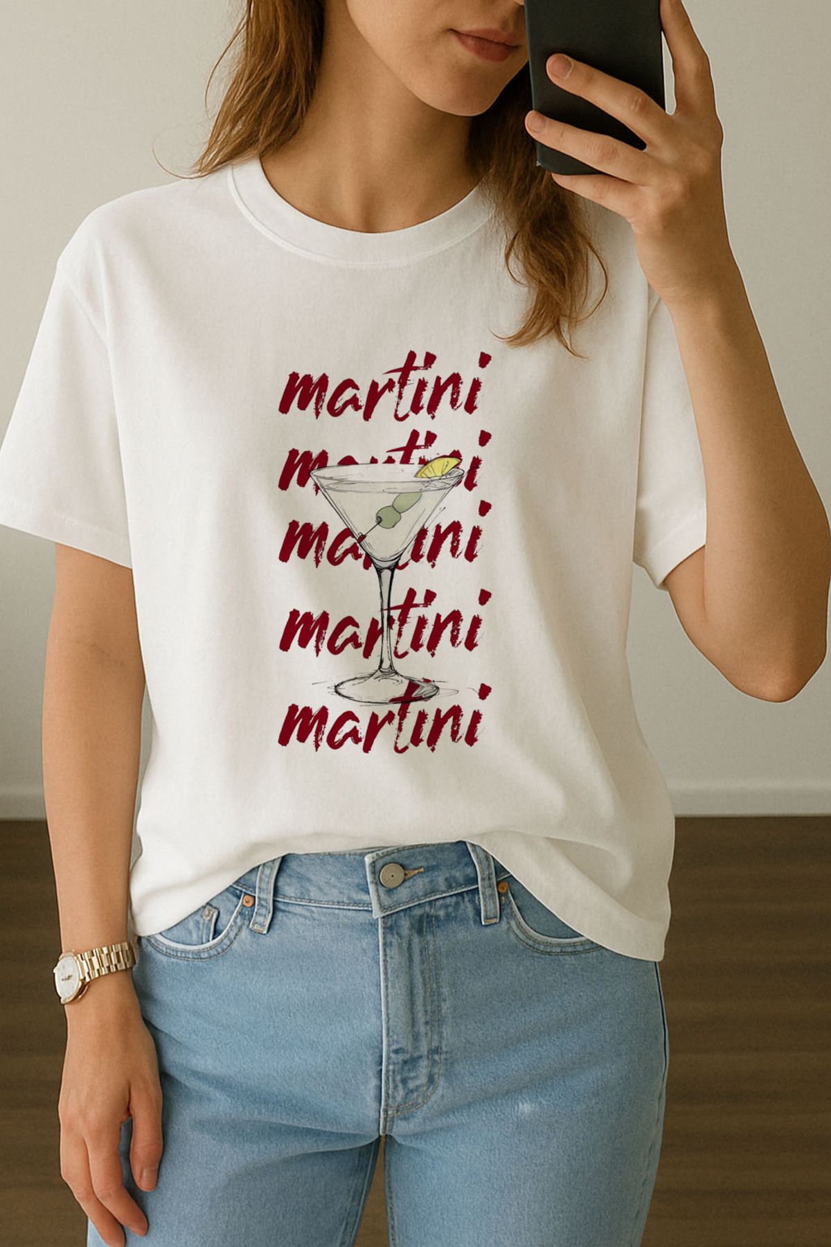 sielta Kadın Kokteyl Martini Baskılı Bisiklet Yaka Oversize Beyaz Tişört T-shirt