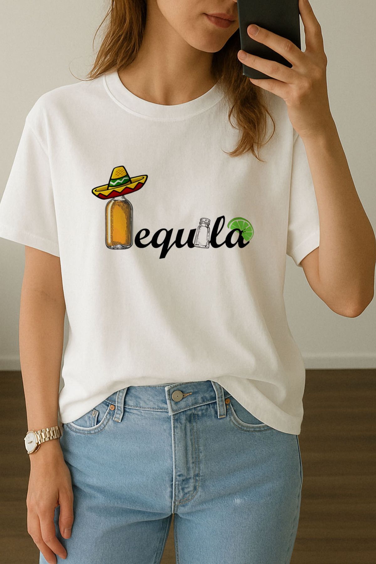 sielta Kadın Tekila Alkol İçki Baskılı Bisiklet Yaka Oversize Beyaz Tişört T-shirt