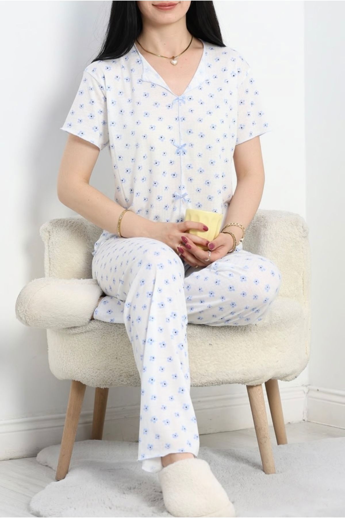 RED VELVET Mavi çiçekli vidkon pijama takımı