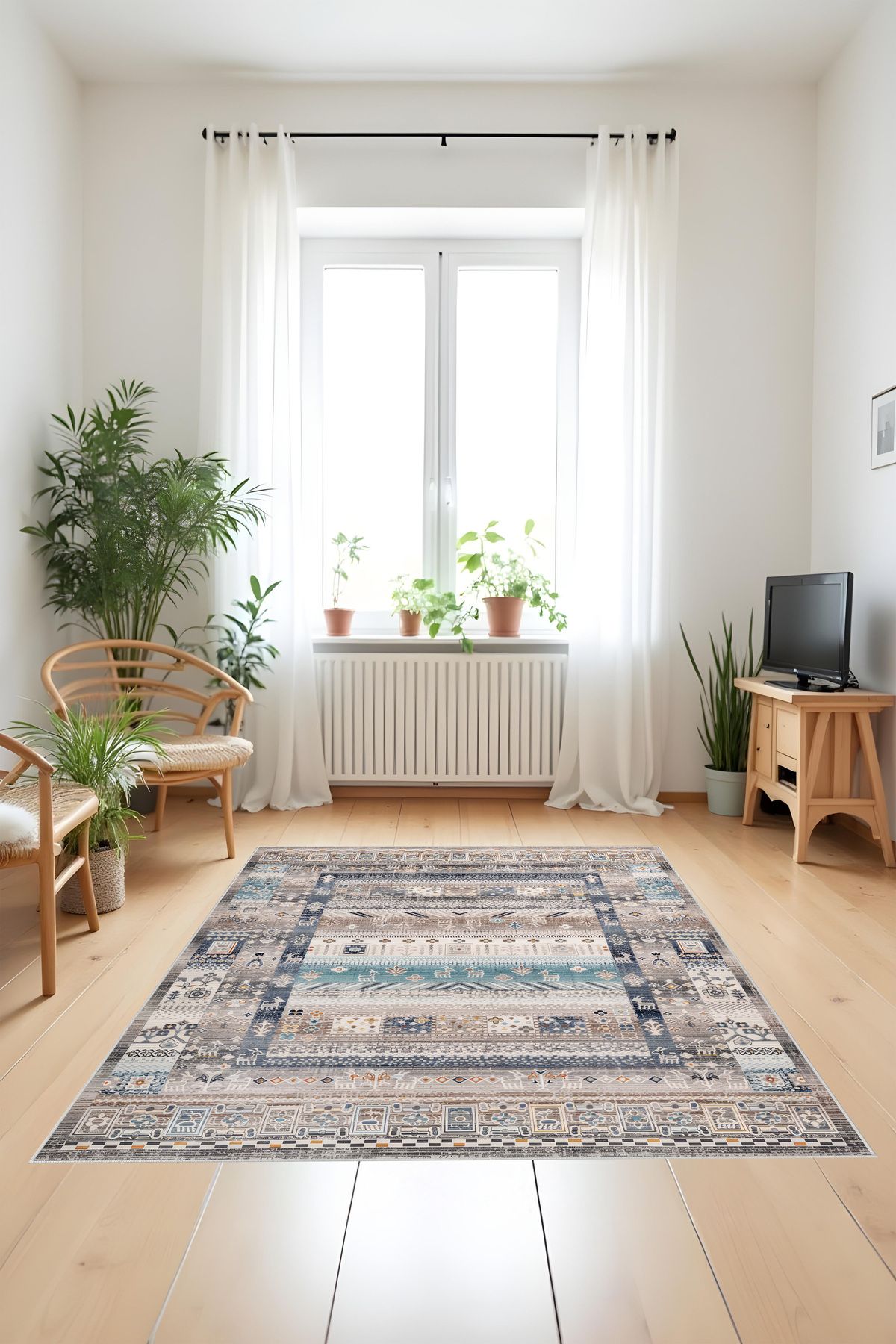 Liriya Dijital Baskı Etnik Desen Çerçeveli Dekoratif Makinada Yıkanabilir Salon Halısı Yolluk Halısı