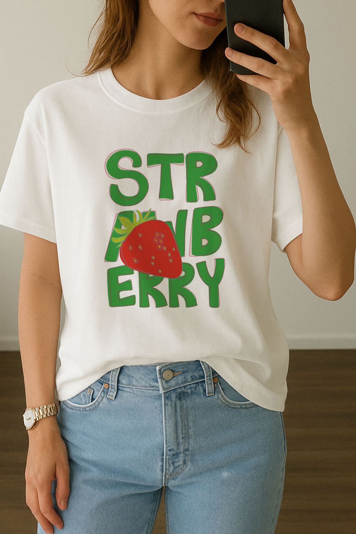 sielta Kadın Strawberry Çilek Baskılı Bisiklet Yaka Oversize Beyaz Tişört T-shirt