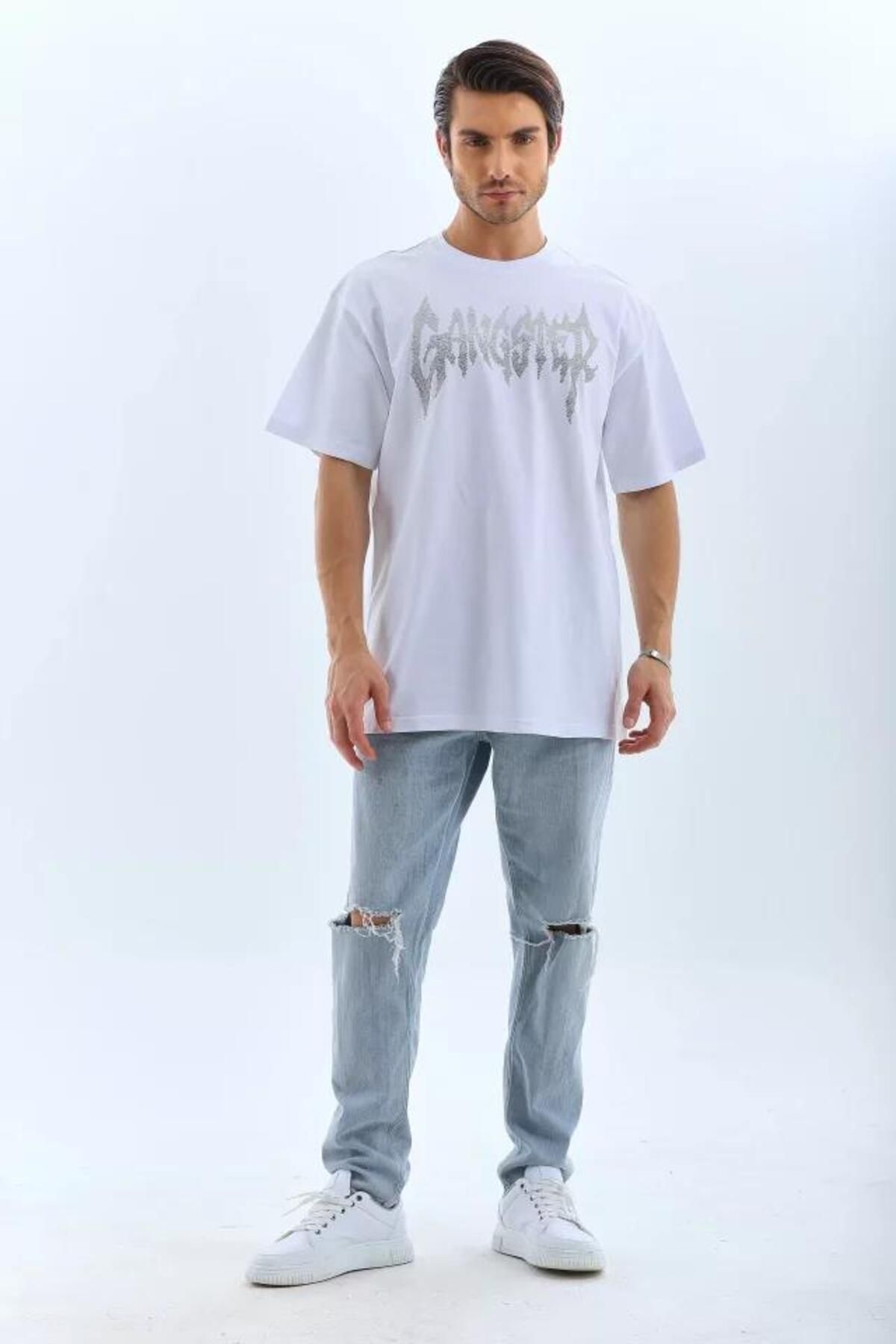 modamtn Unisex Oversize Taşlı Bisiklet Yaka T-Shirt - Beyaz