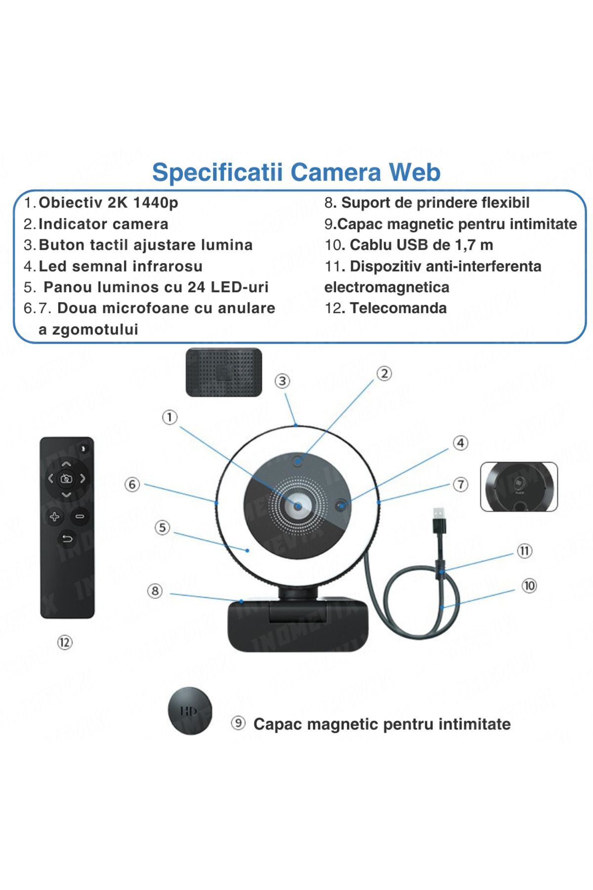 INOMEVIX-Cameră Web® 2k QHD, 4MP, microfon dual, focalizare automată, LED, capacitate mare, plug and play, cameră web 9