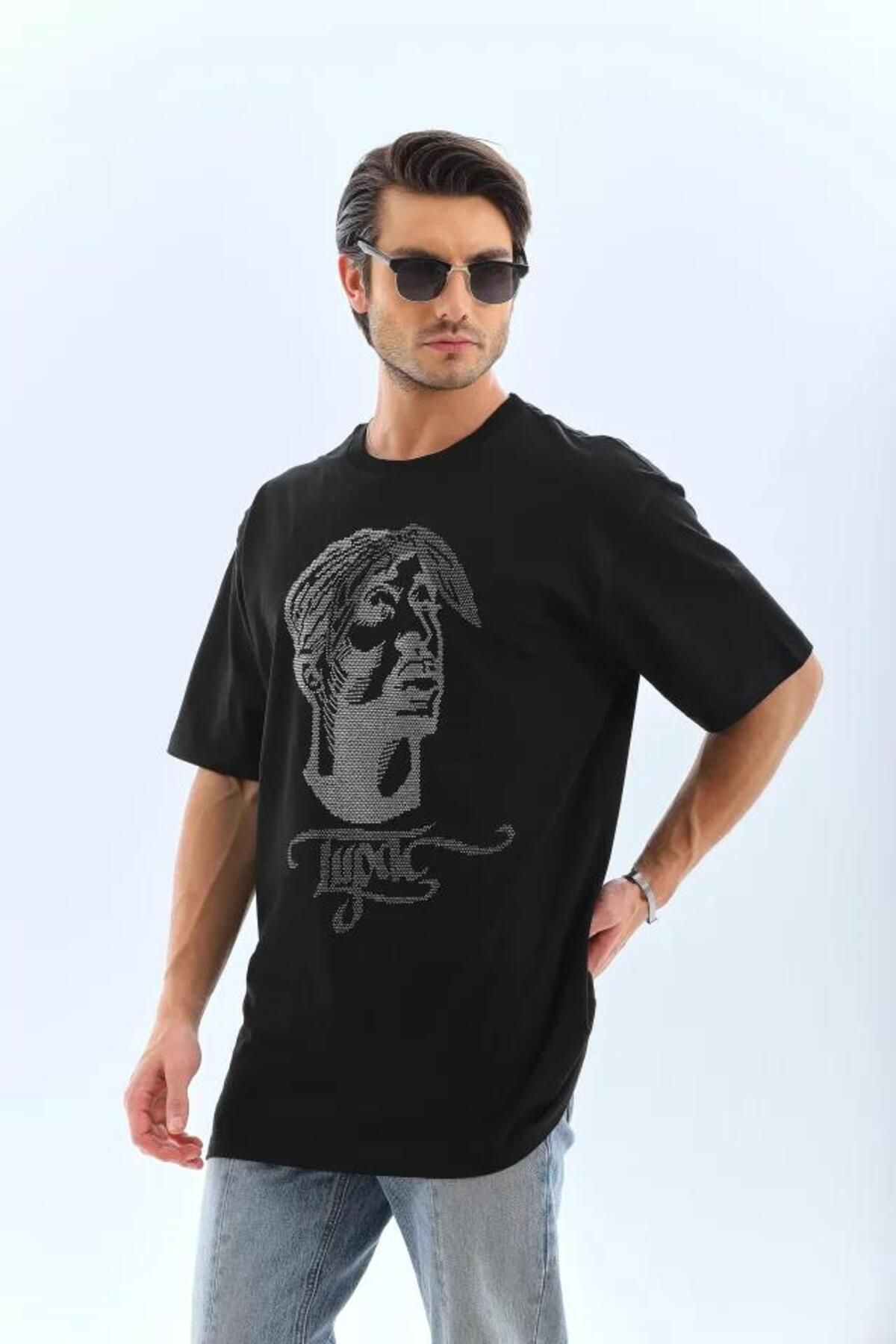 modamtn Unisex Oversize Taşlı Bisiklet Yaka T-Shirt - Siyah