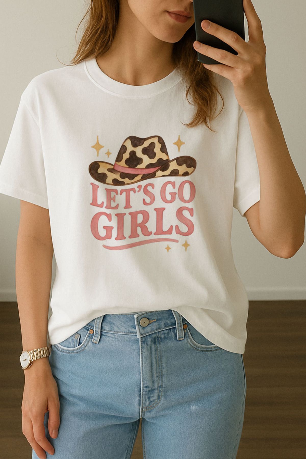 sielta Kadın Leopar Kovboy Şapkası Baskılı Bisiklet Yaka Oversize Beyaz Tişört T-shirt