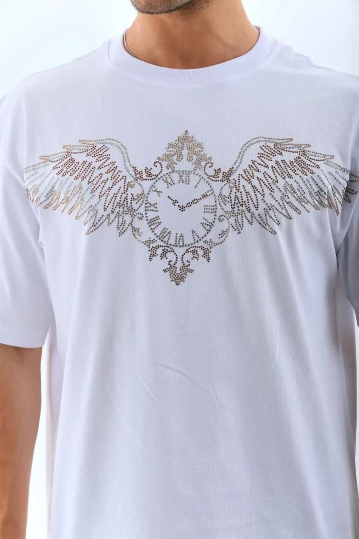 modamtn Unisex Oversize Taşlı Bisiklet Yaka T-Shirt - Beyaz