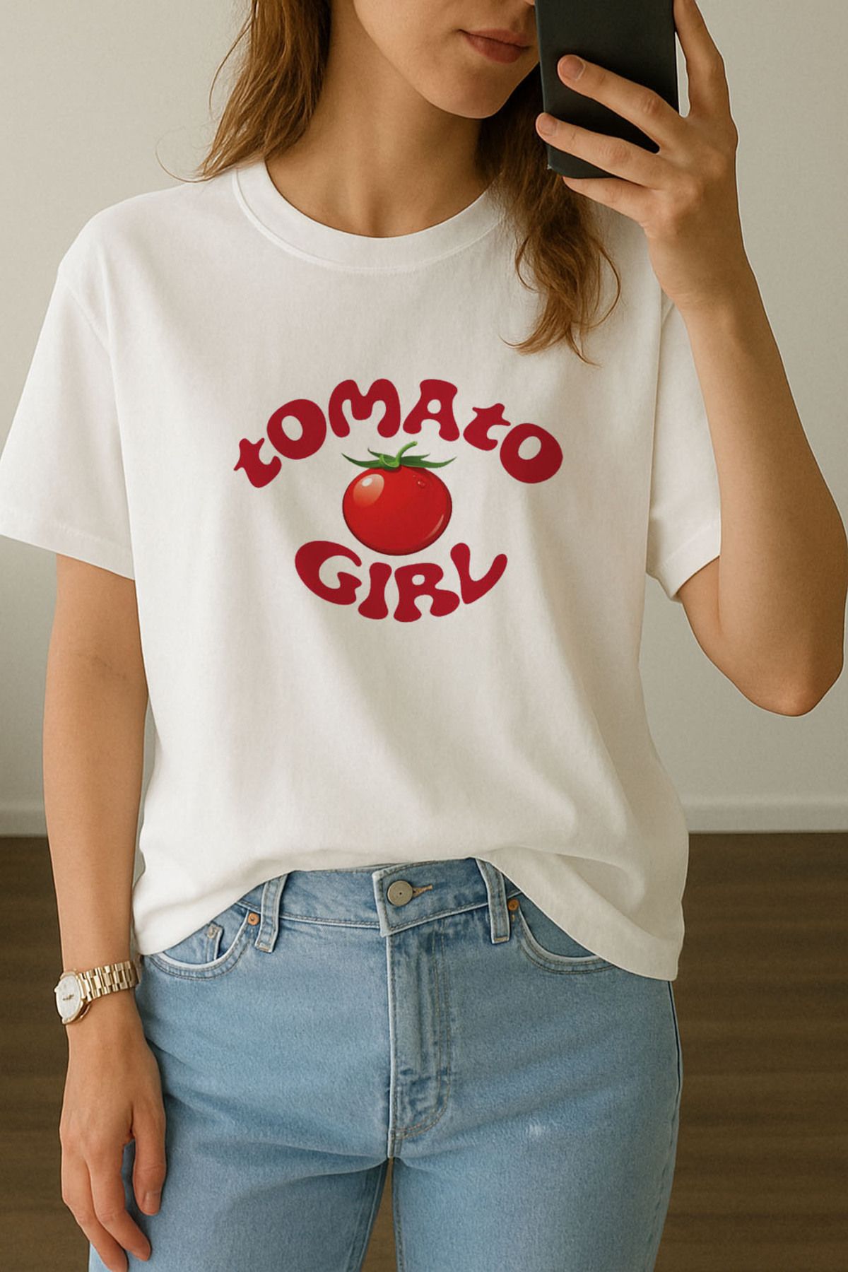 sielta Kadın Domates Kız Baskılı Bisiklet Yaka Oversize Beyaz Tişört T-shirt