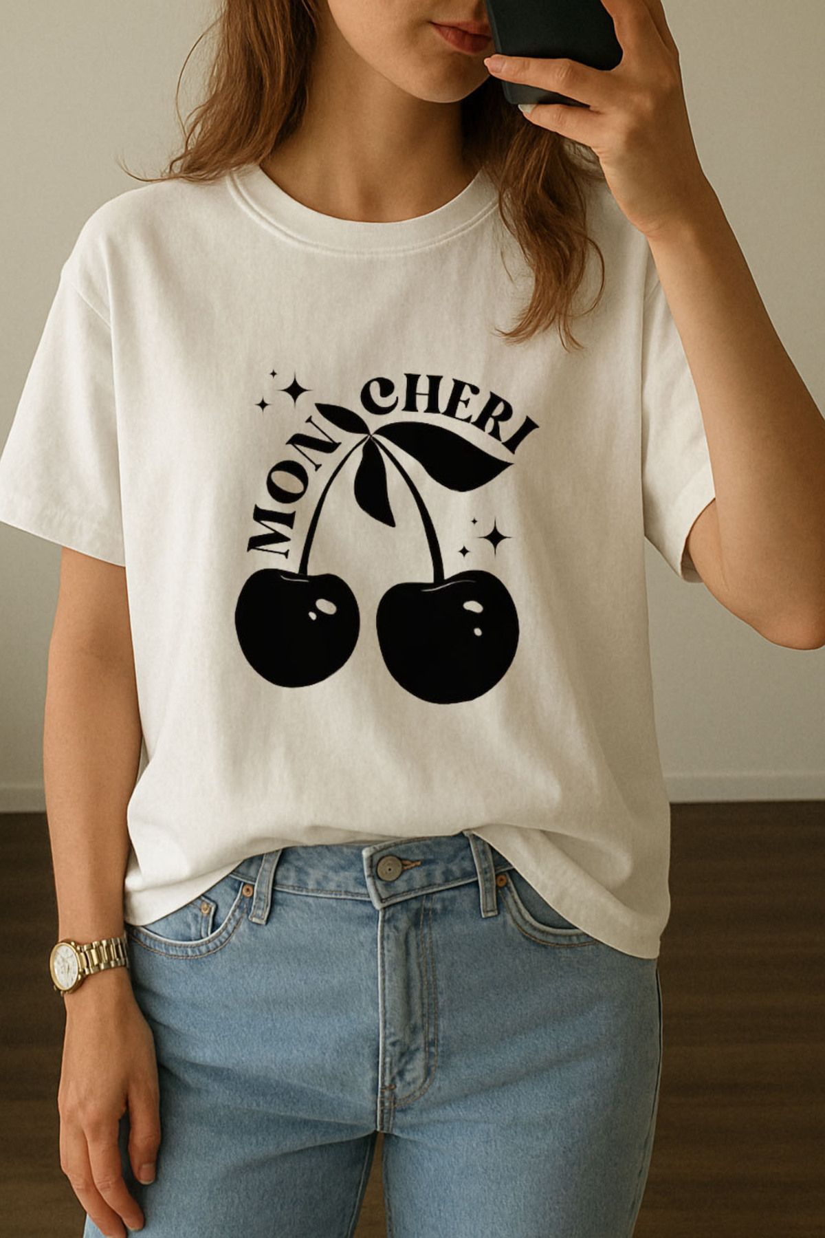 sielta Kadın Siyah Kiraz Baskılı Bisiklet Yaka Oversize Beyaz Tişört T-shirt