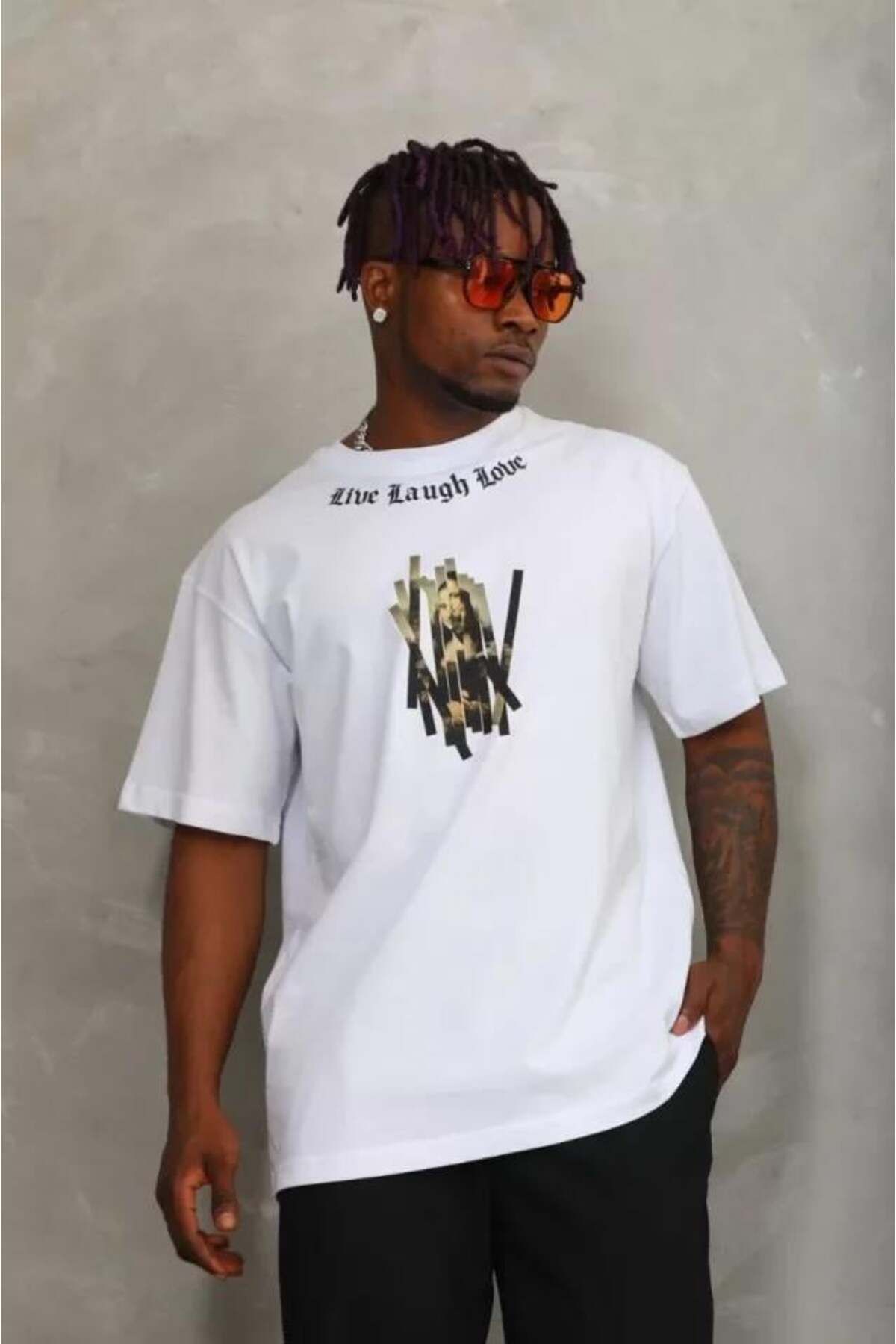 modamtn Unisex Oversize Baskılı Bisiklet Yaka T-Shirt - Beyaz