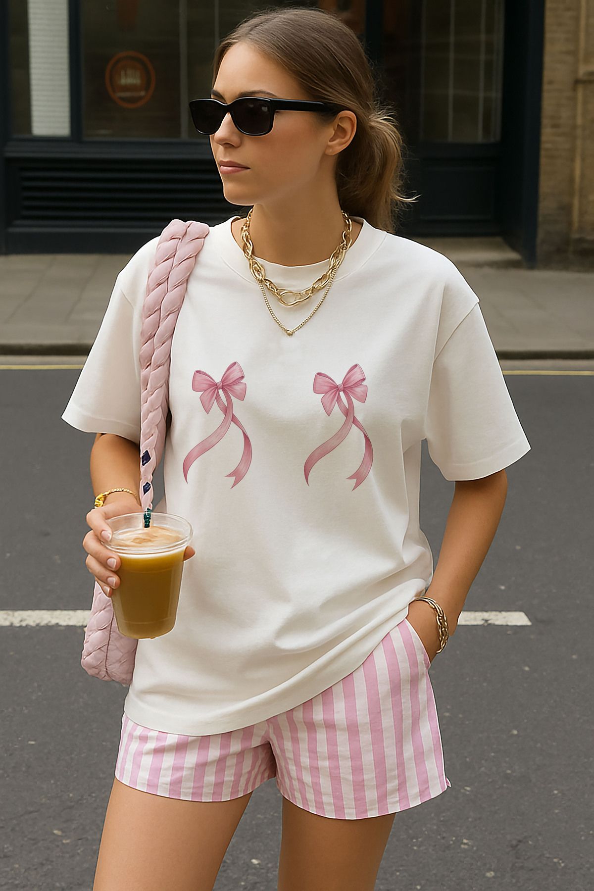 sielta Kadın Pembe İkili Kurdale Baskılı Bisiklet Yaka Oversize Beyaz Tişört T-shirt