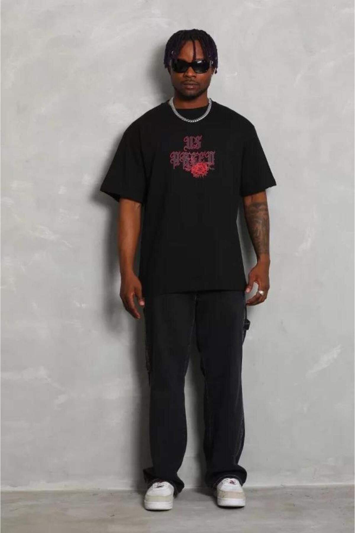 modamtn Unisex Oversize Baskılı Bisiklet Yaka T-Shirt - Siyah
