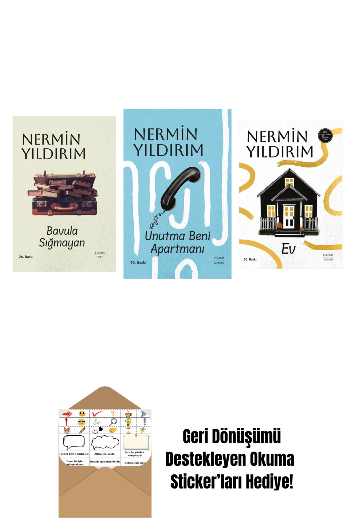 Everest Yayınları Bavula Sığmayan (Ciltli) + Unutma Beni Apartmanı (Ciltli) + Ev + Okuma Sticker'ları