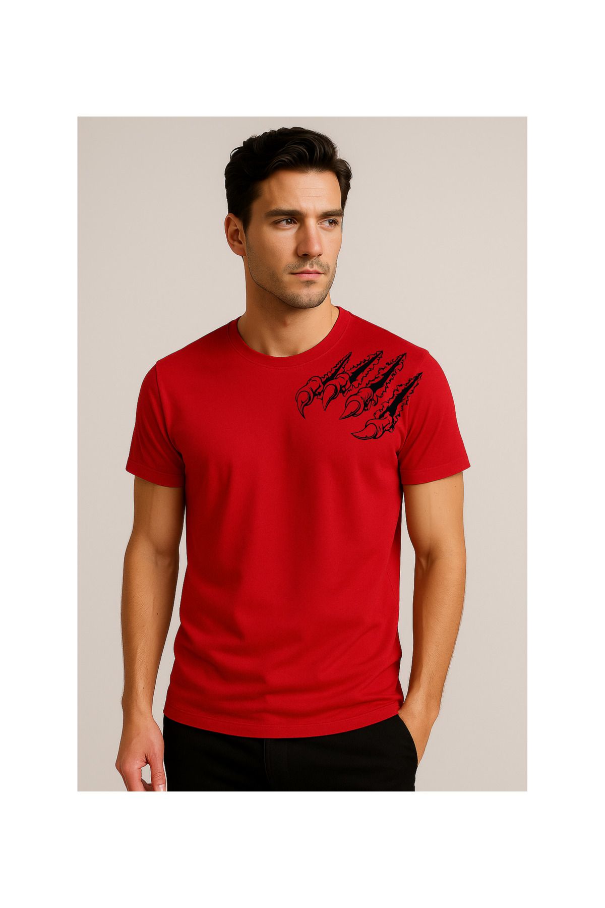 MODA Kısa Kollu, Regular Kalıp, Sol Omuz Kartal Pençesi Desenli, Erkek Tshirt