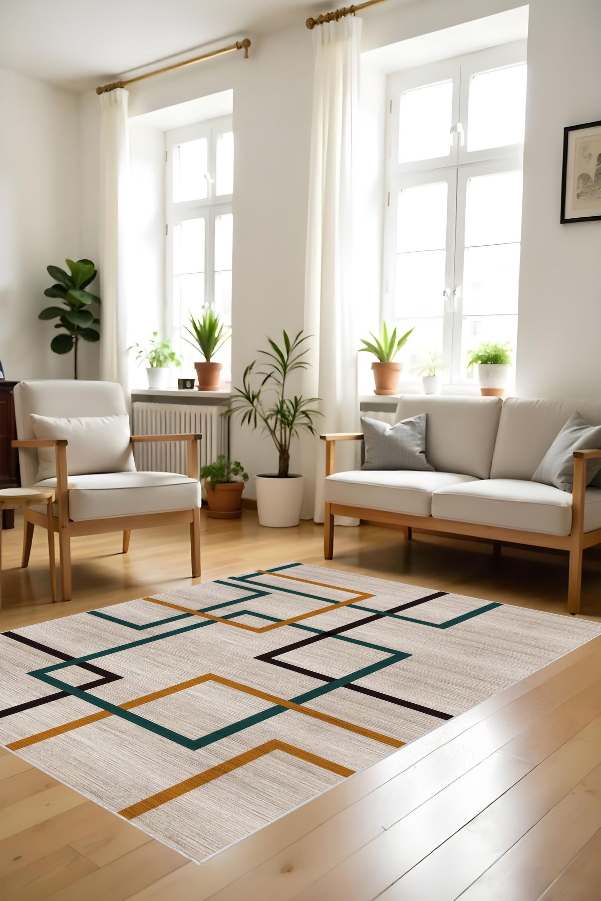 Liriya Dijital Baskı Çizgisel Kesişen Modern Dekoratif Makinada Yıkanabilir Salon Halısı Yolluk Halısı